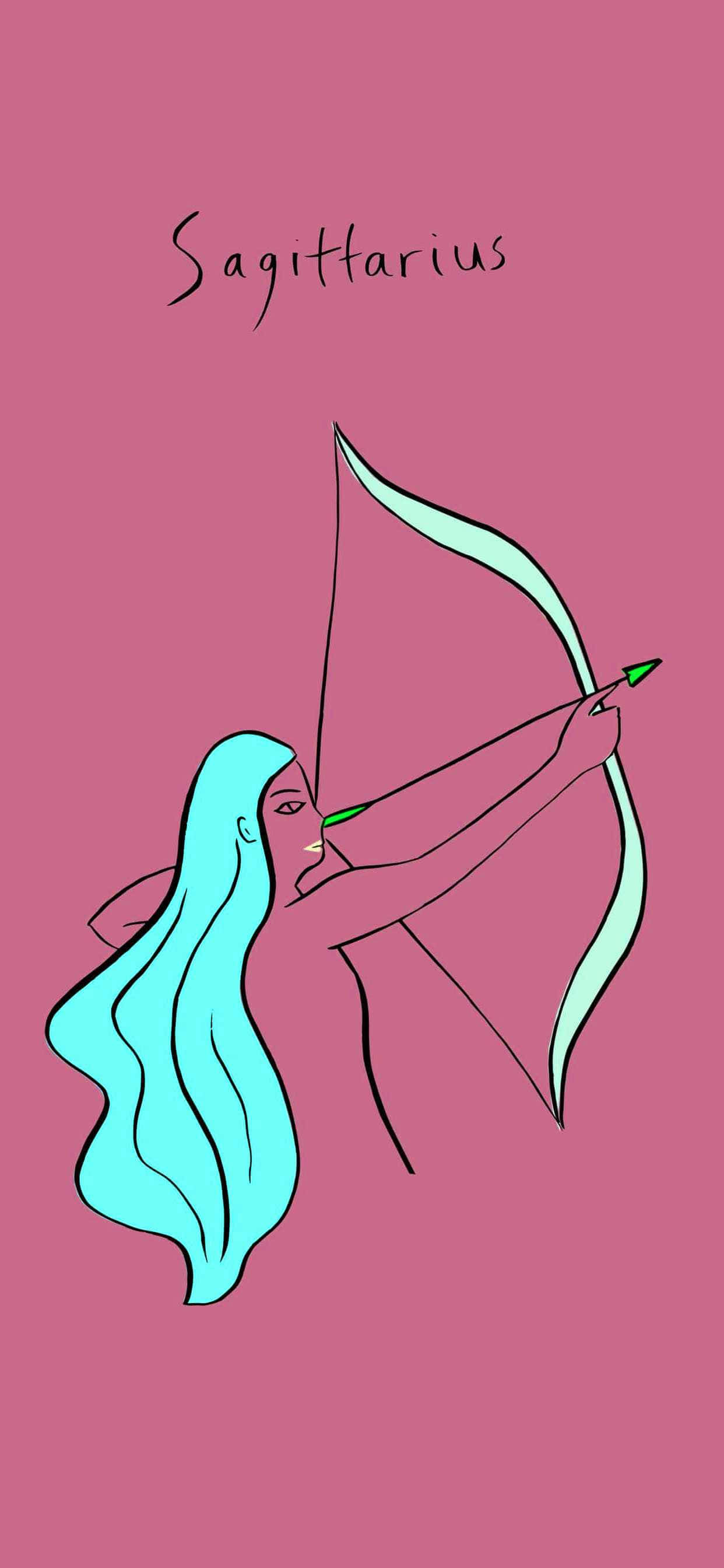 sagittarius 桌布 壁紙 — 一幅極簡線條藝術插圖，描繪一位綠松石色頭髮的弓箭手拉弓，背景為純粉紅色，上方寫有「Sagittarius」。