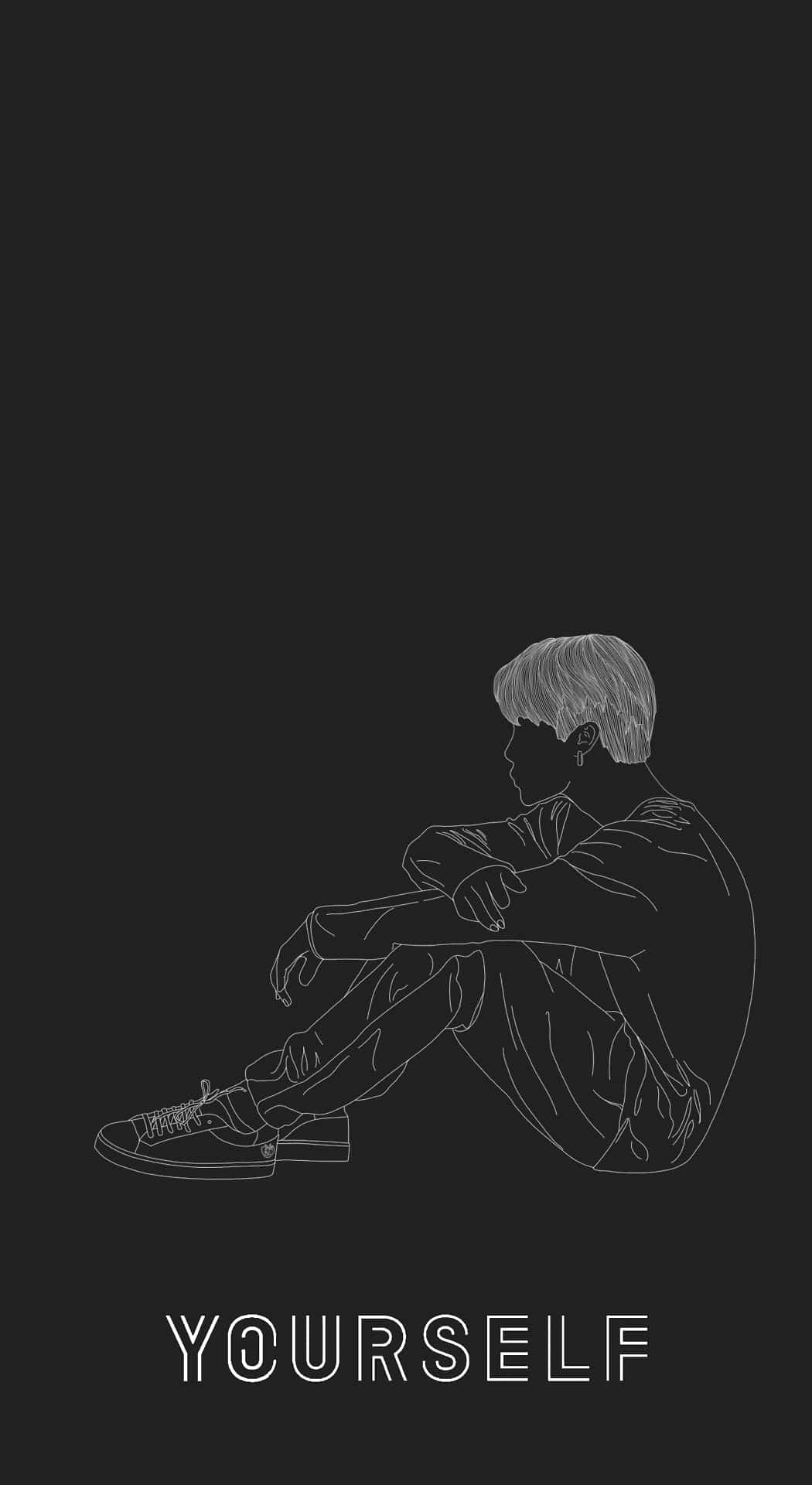 Bts Love Yourself 桌布 壁紙 — 一幅極簡線條藝術插圖，描繪一個人獨自坐在黑暗背景中的剪影，下方有 yourself 字樣。
