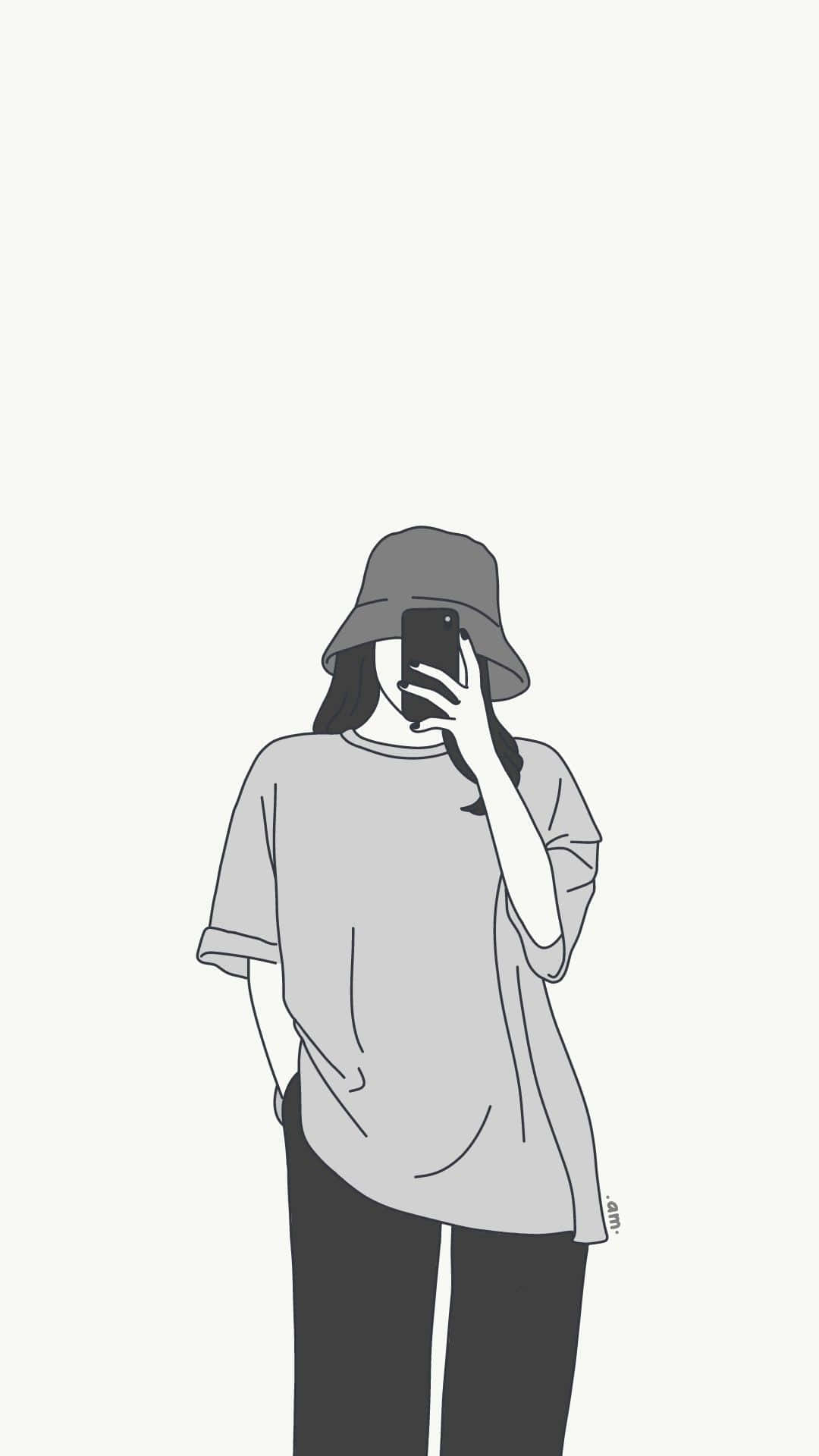 Tomboy Girl 桌布 壁紙 — 一幅極簡線條藝術插圖，描繪一個人戴著漁夫帽，在純色背景前用手機自拍。