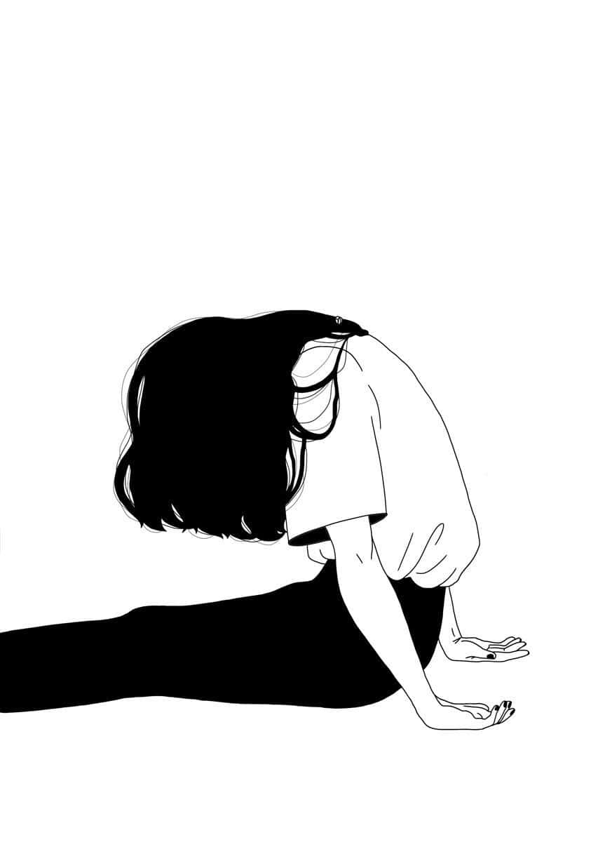 桌布 壁紙 — 一幅極簡線條藝術插圖，描繪一個人蹲伏低頭，背景為純白色。