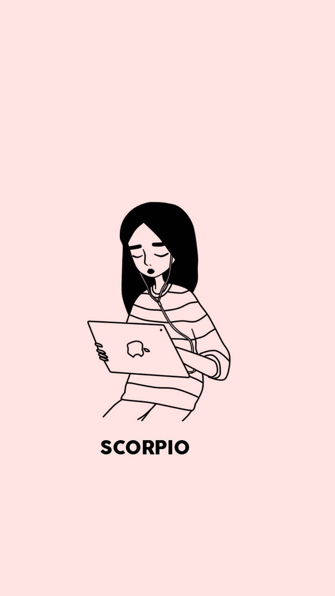 Scorpio 桌布 壁紙 — 一幅極簡線條藝術插圖，描繪一個女孩用聽診器聆聽筆記型電腦，背景為柔和粉紅色。