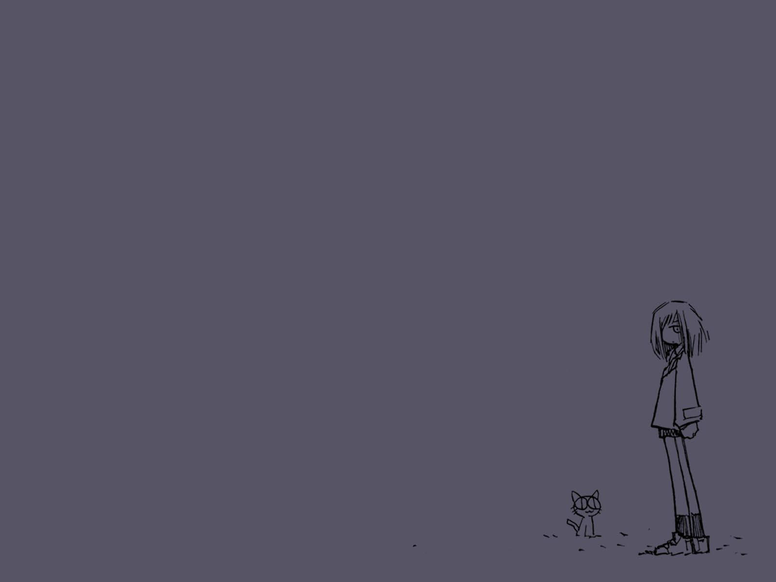 Flcl 桌布 壁紙 — 一幅極簡線條藝術插圖，描繪一個孤獨的人物和一隻小貓一起站在純深灰色背景前。