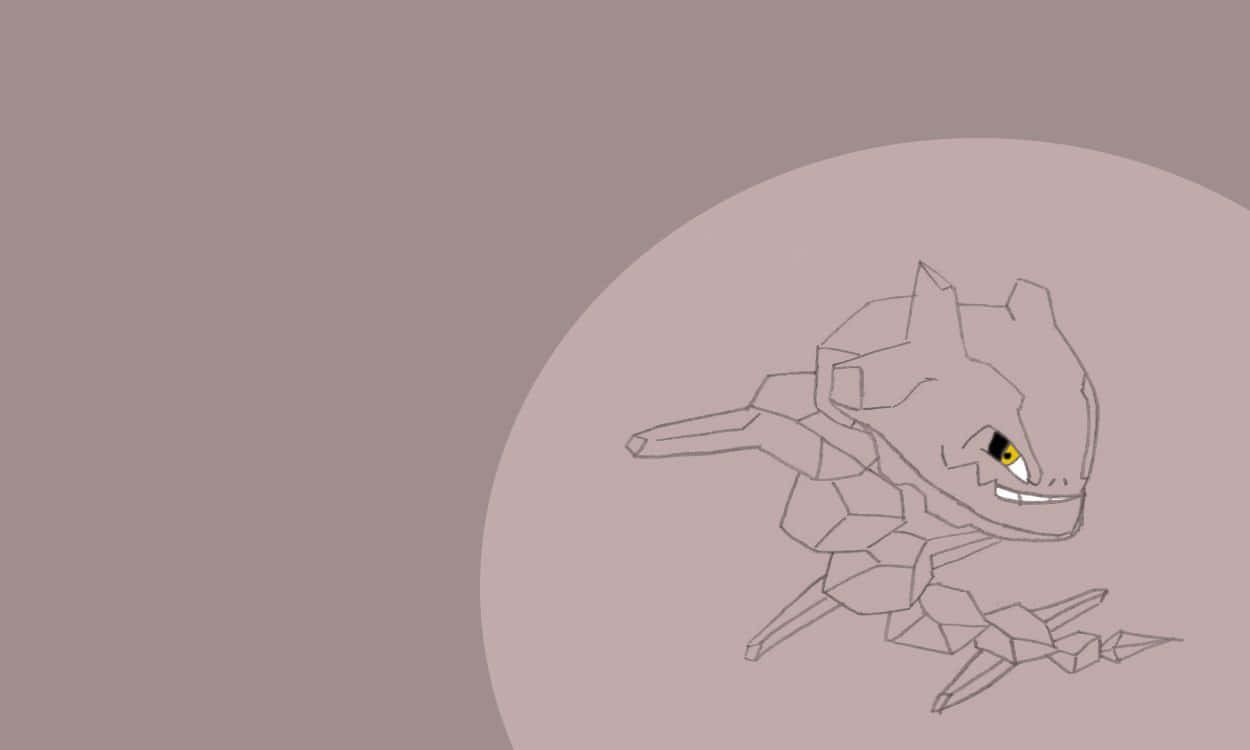 Pokemon Aesthetic 桌布 壁紙 — 一幅極簡線條藝術插圖，描繪一個幾何形狀、類似寶可夢的生物，有一隻黃色眼睛，背景是柔和的紫紅色圓形。