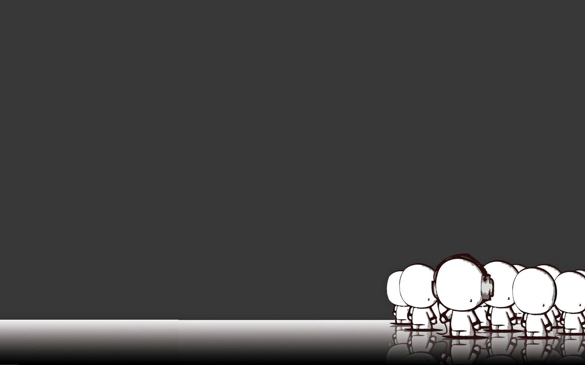 Teamwork 桌布 壁紙 — 一幅極簡線條藝術插圖，描繪一排戴著耳機的白色卡通人物站在反光表面上，背景為深灰色。