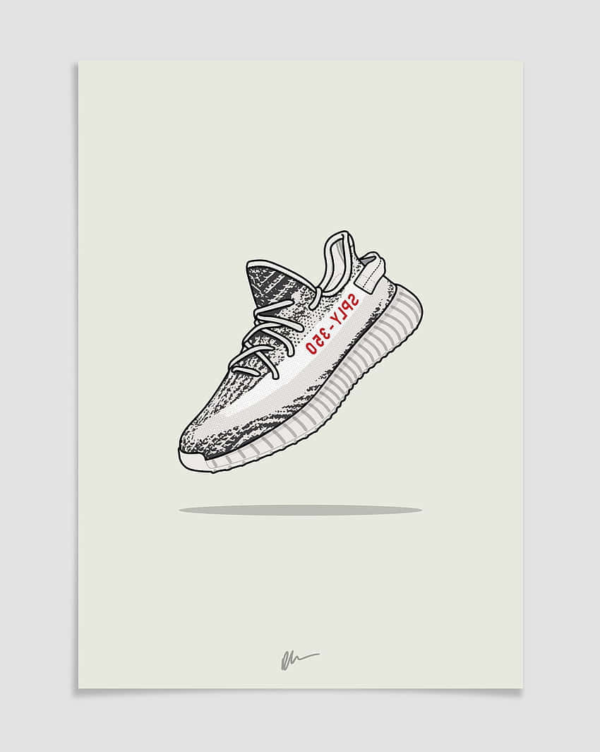Yeezy 桌布 壁紙 — 一幅極簡線條藝術插圖，描繪了一隻帶有紅色品牌標誌的白色Yeezy Boost 350運動鞋，漂浮在淡綠色背景上。