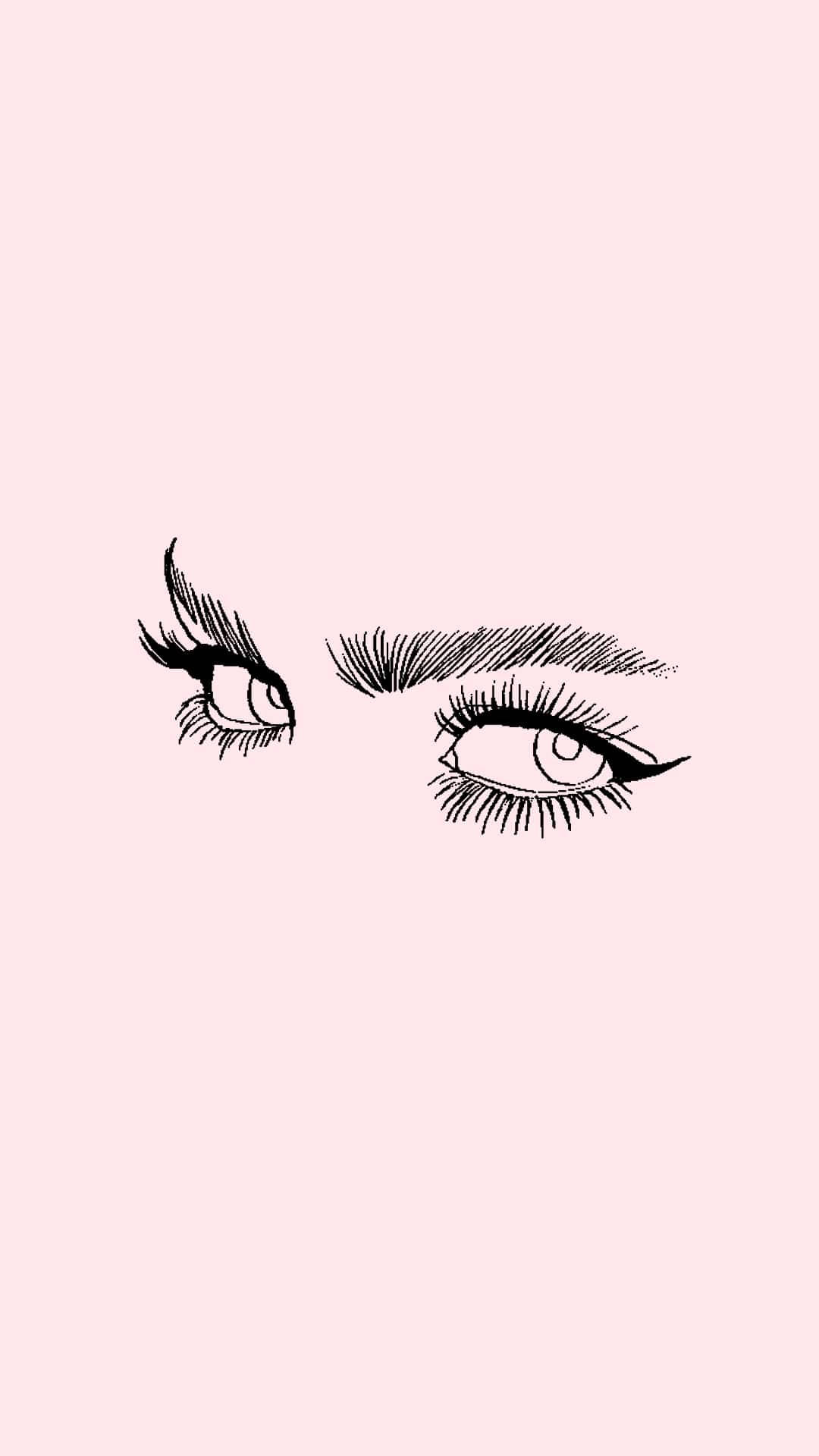 girly pink aesthetic 桌布 壁紙 — 一幅極簡線條藝術插圖，描繪兩隻帶有長睫毛的細緻眼睛，背景為柔和粉紅色。