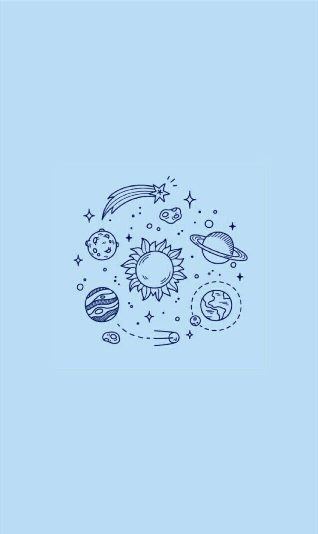 桌布 壁紙 — 一幅極簡線條藝術插圖，描繪包括太陽、行星和彗星在內的天體，漂浮在柔和的藍色背景上。