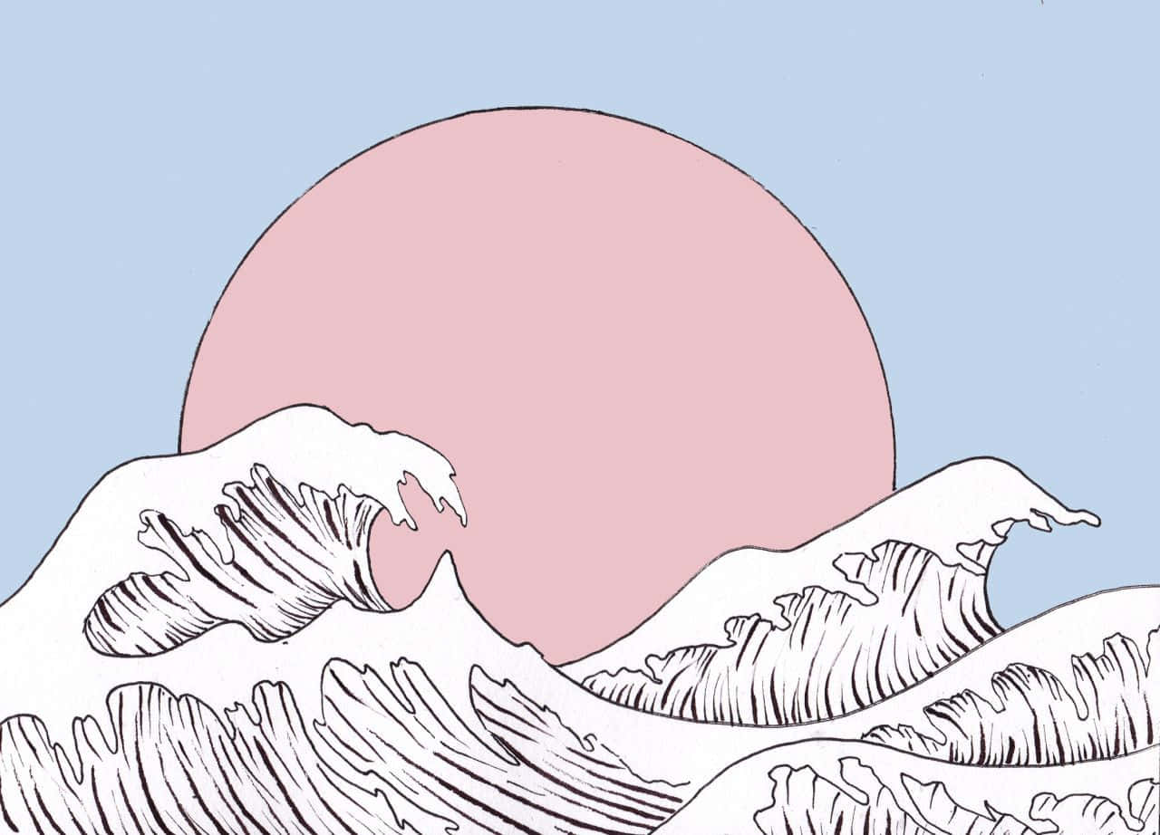 Aesthetic Tumblr Desktop 桌布 壁紙 — 一幅極簡線條藝術插圖，描繪在淡藍色天空下，一個大粉紅色太陽下方翻騰的風格化海浪。