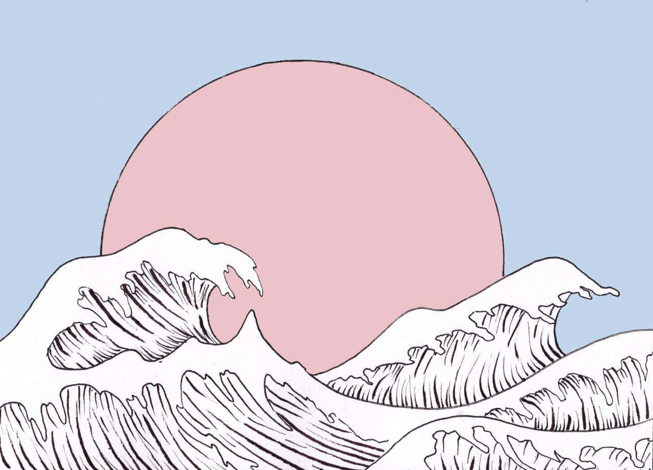 極簡線條藝術設計中的風格化海浪和粉紅色太陽。 — 美學桌面動畫 壁紙