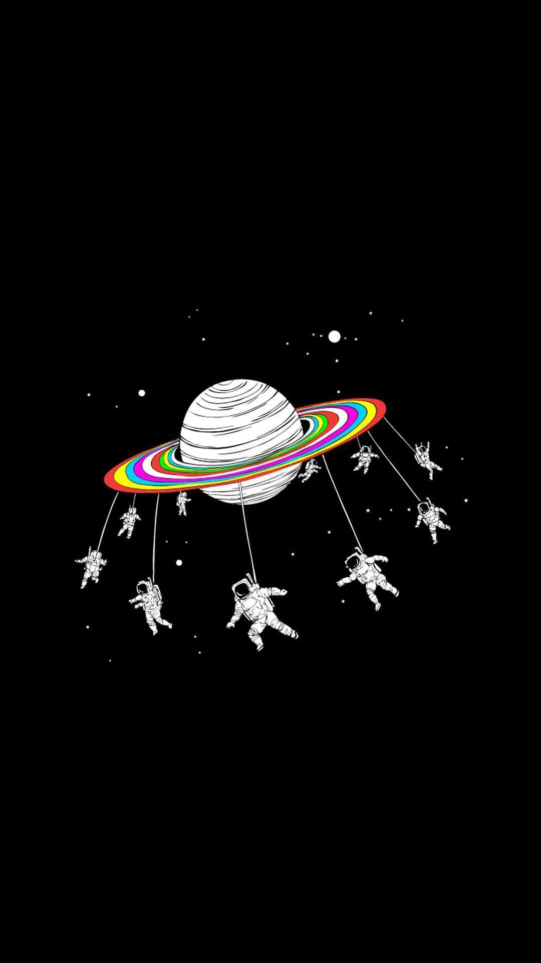 80s Aesthetic 桌布 壁紙 — 一幅極簡線條藝術插圖，描繪太空人懸掛在彩虹環行星上，背景是繁星點點的黑色虛空。