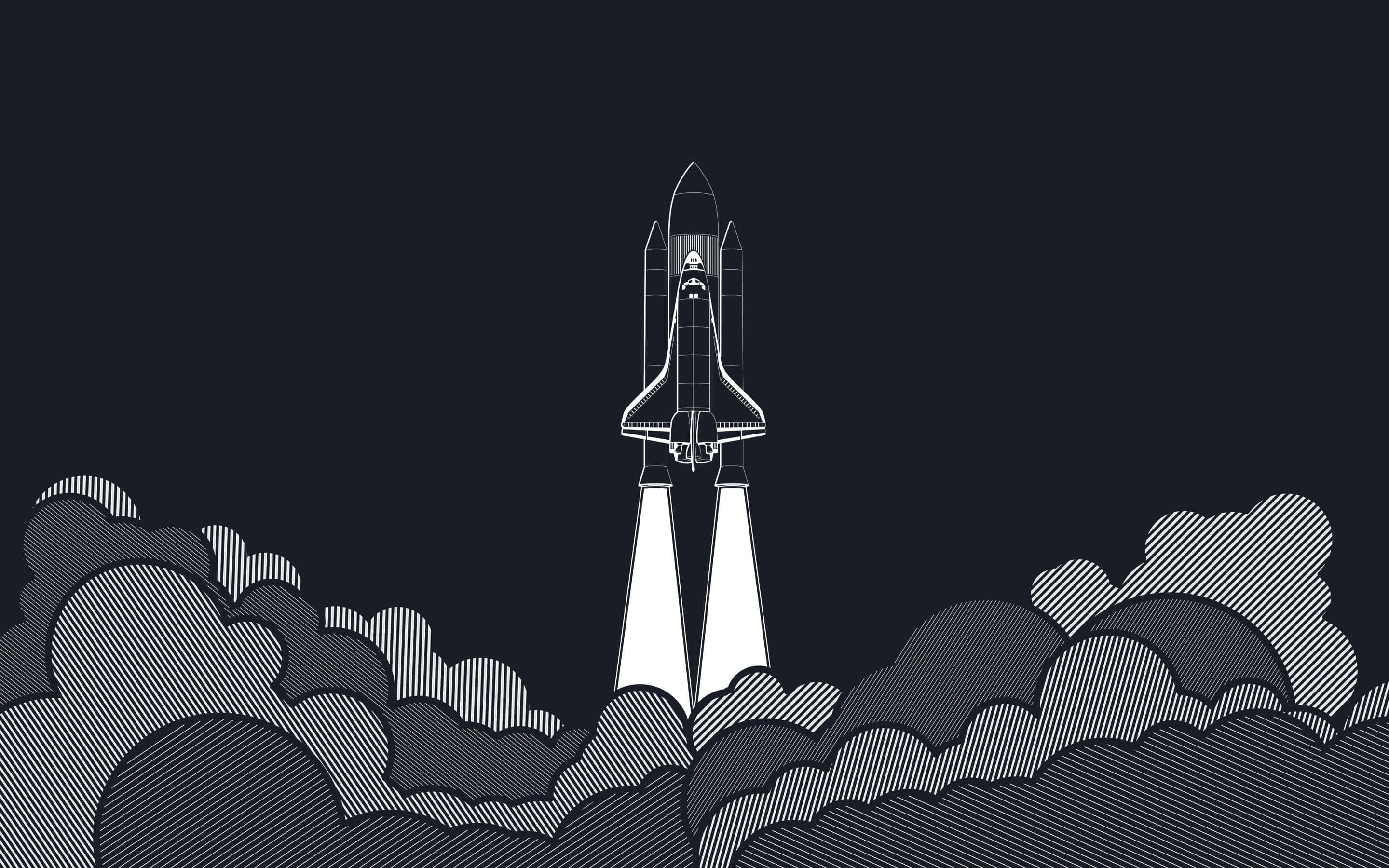 Minimalist Space 桌布 壁紙 — 一幅極簡線條藝術插圖，描繪太空梭在黑暗背景中穿過雲層發射升空。