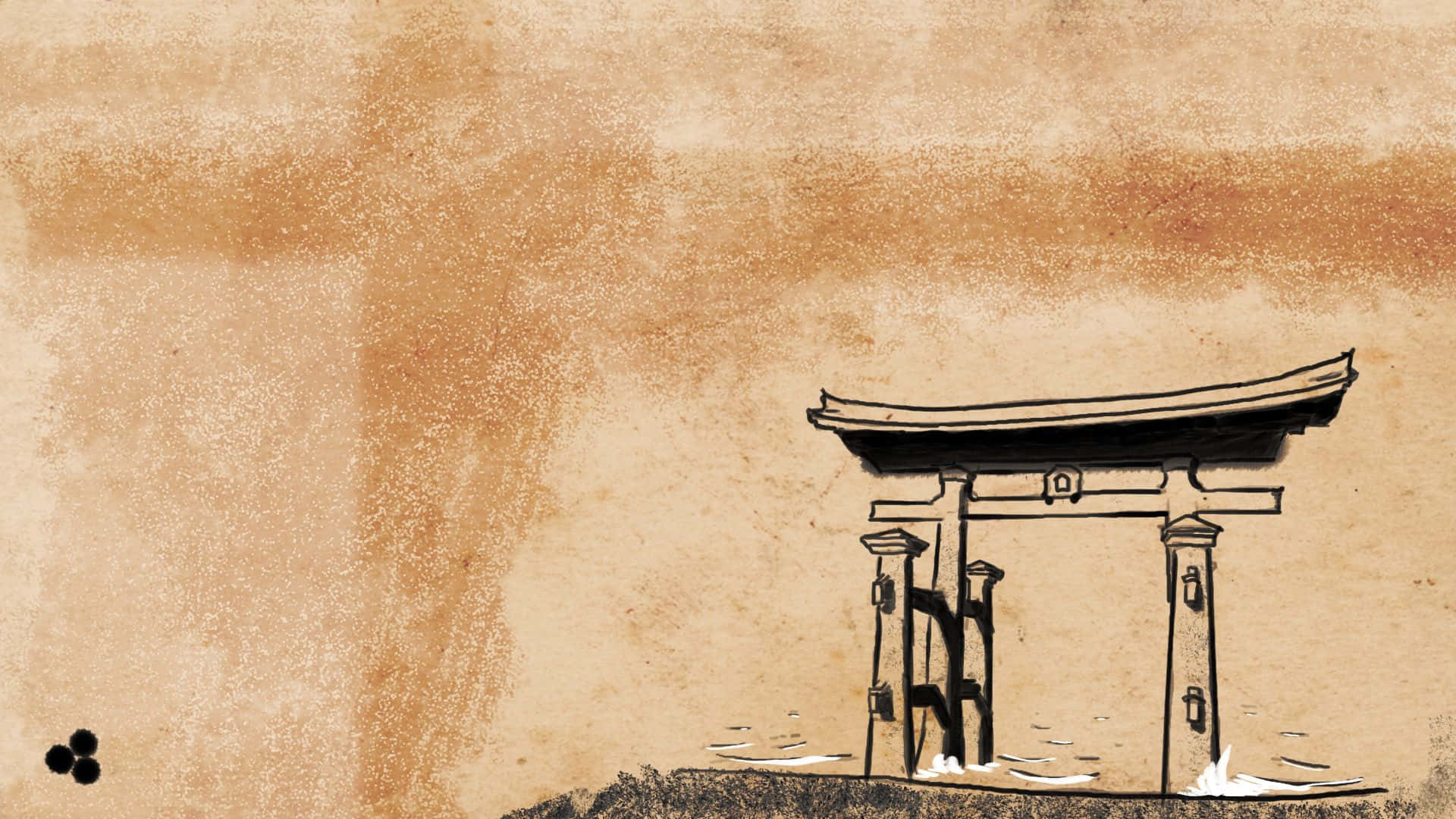 桌布 壁紙 — 一幅極簡風格的墨水畫，描繪一座傳統日本鳥居獨自矗立在帶有紋理的羊皮紙背景上。