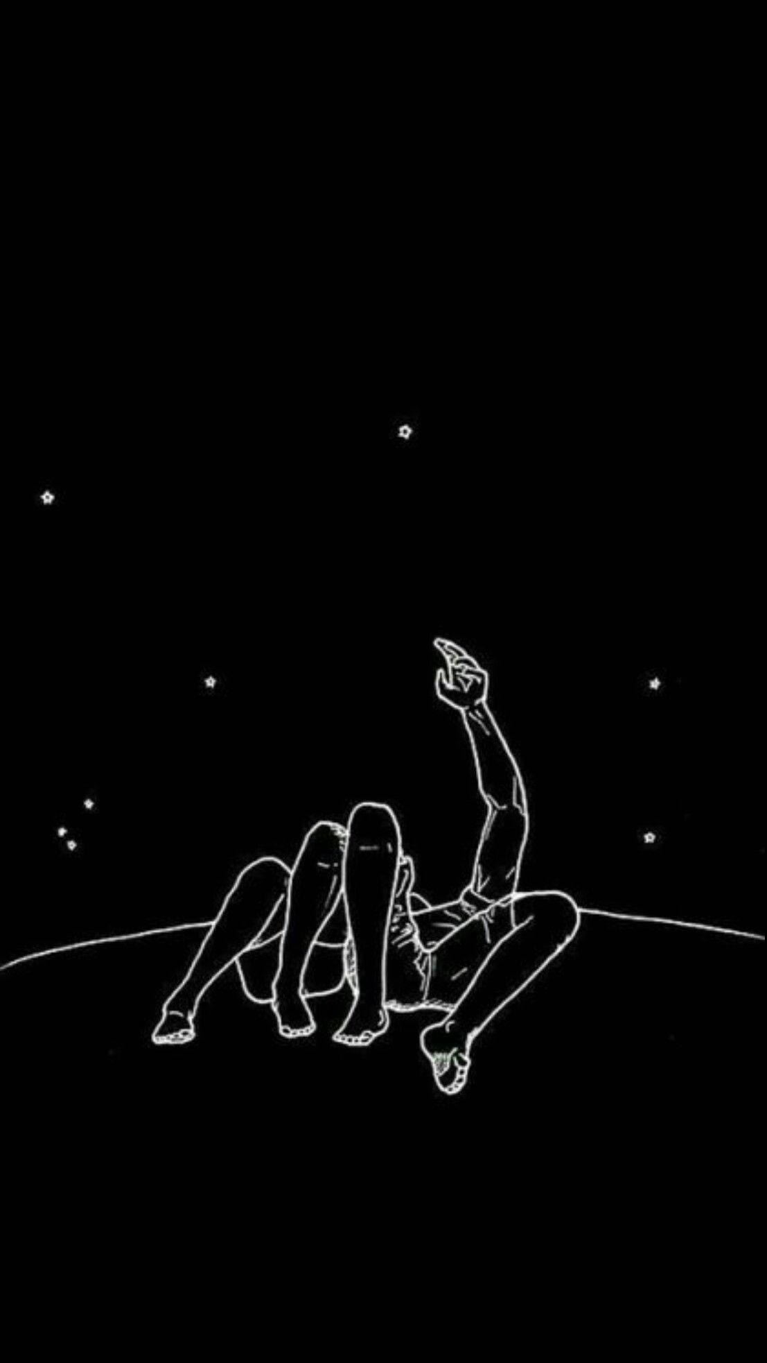夜空 桌布 壁紙 — 一幅極簡風格的白色線條畫，描繪一個人躺在彎曲的地平線上，指向黑色虛空中的星星。
