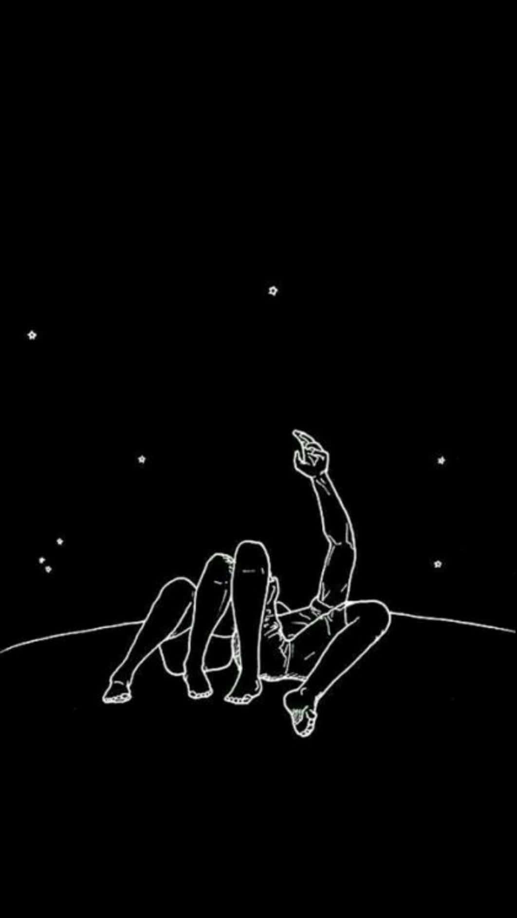 桌布 壁紙 — 一幅極簡風格的白色線條畫，描繪一個人躺在彎曲的地平線上，指向黑色虛空中的星星。
