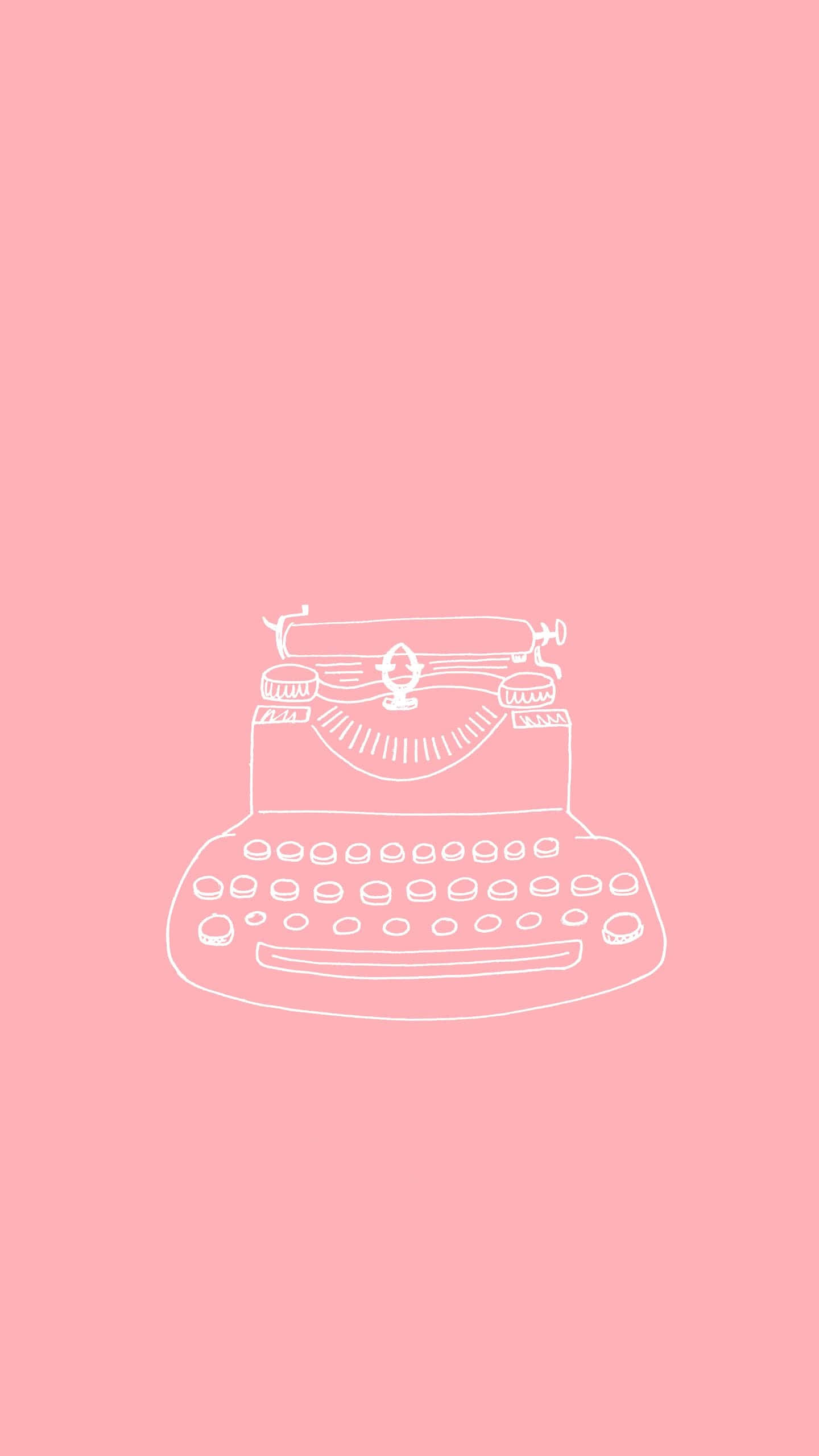 Designer Aesthetic 桌布 壁紙 — 一幅極簡風格的白色線條畫，描繪一台復古打字機，置中於純粉紅色背景上。