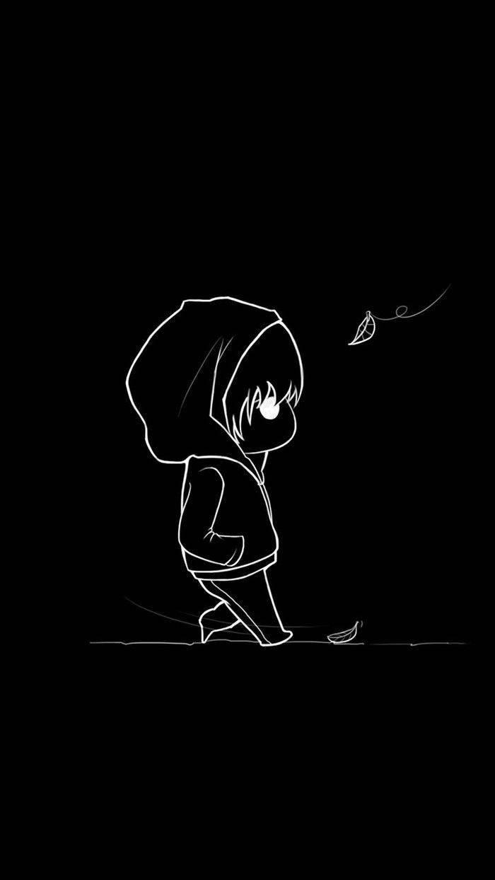 憂鬱少年動漫 桌布 壁紙 — 一幅極簡風格的白色線條畫，描繪一個戴著兜帽的動漫角色在黑色背景中獨自行走，落葉飄零。