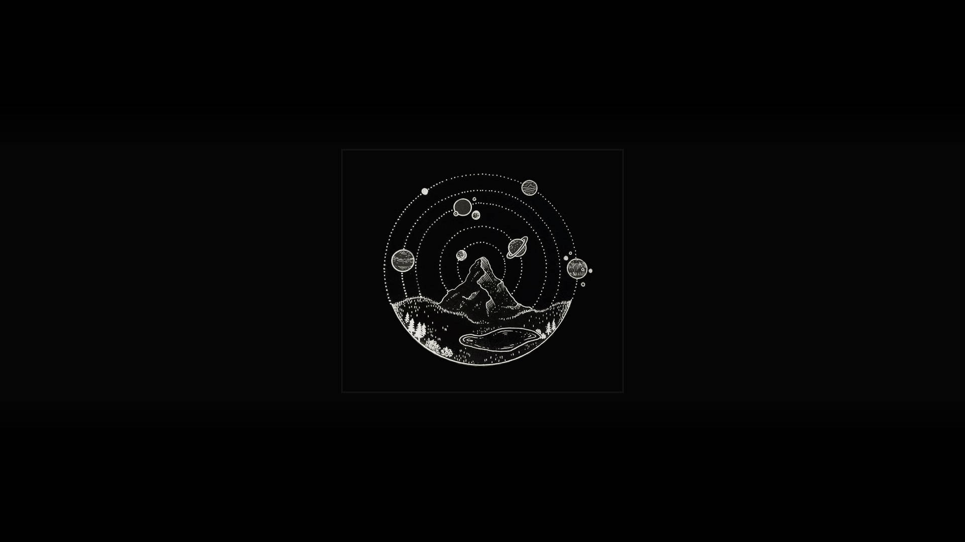Aesthetic Black And White 桌布 壁紙 — 一幅極簡風格的白色線條畫，描繪了被環繞行星包圍的山地景觀，背景為黑色。