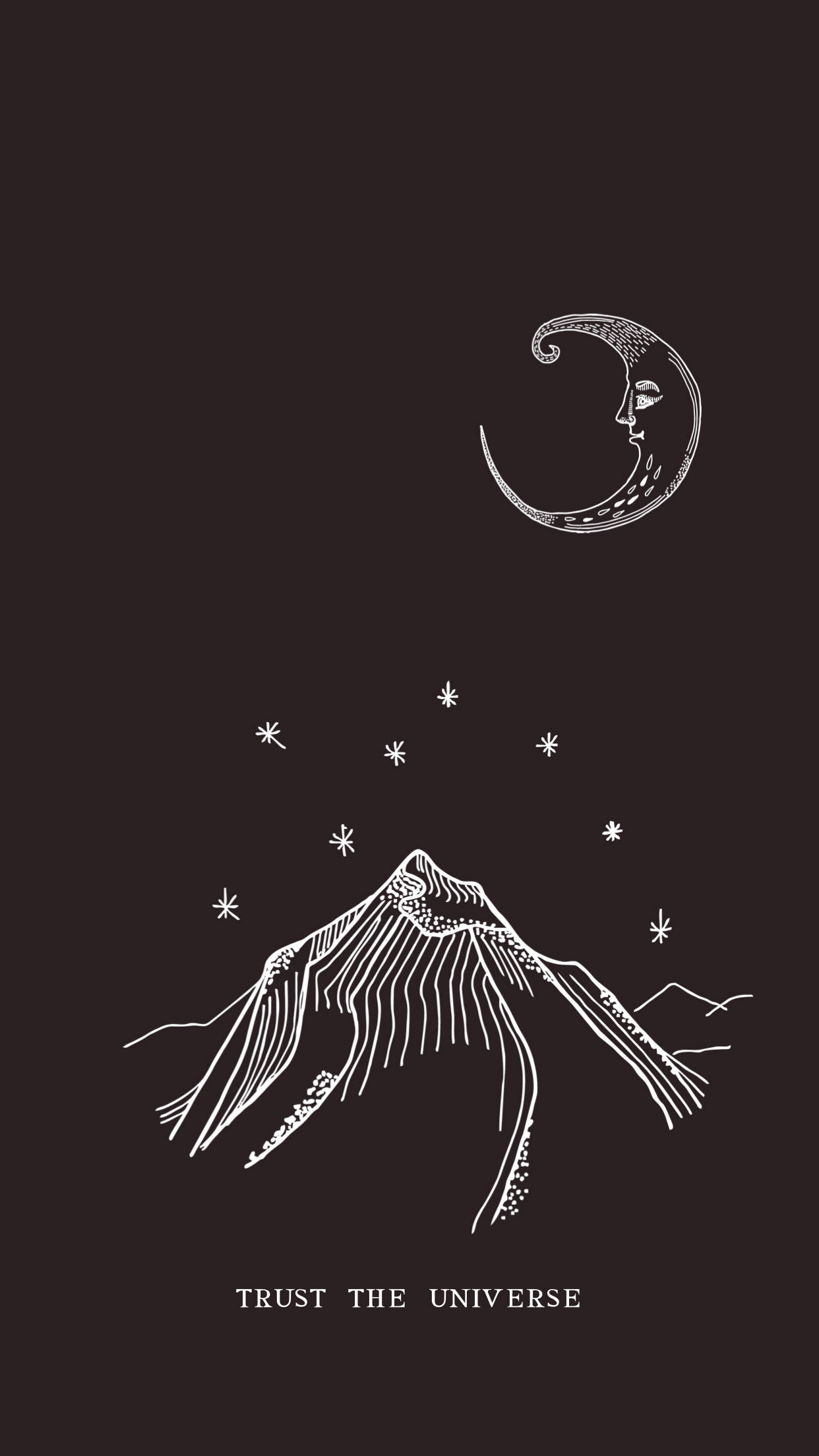 山景 桌布 壁紙 — 一幅極簡風格的白色線條畫，描繪了帶有臉孔的彎月與山峰，背景是星空夜空，並附有文字「相信宇宙」。