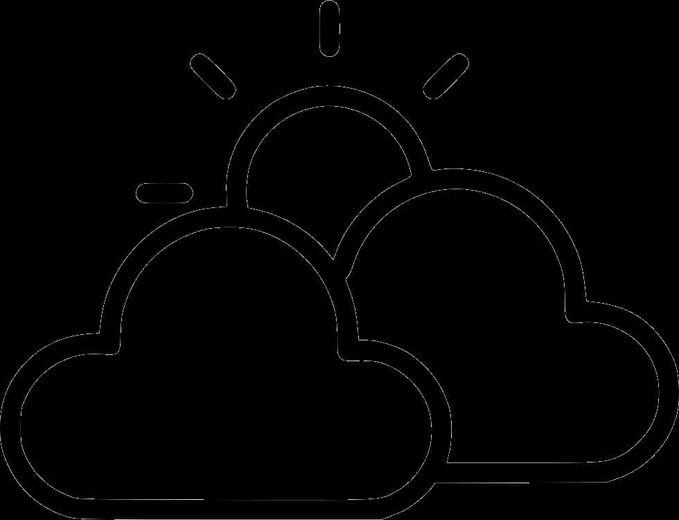 Cloud Clipart 桌布 壁紙 — 一幅極簡風格的白色線條畫，描繪太陽在風格化的雲朵後探出頭來，背景為黑色。