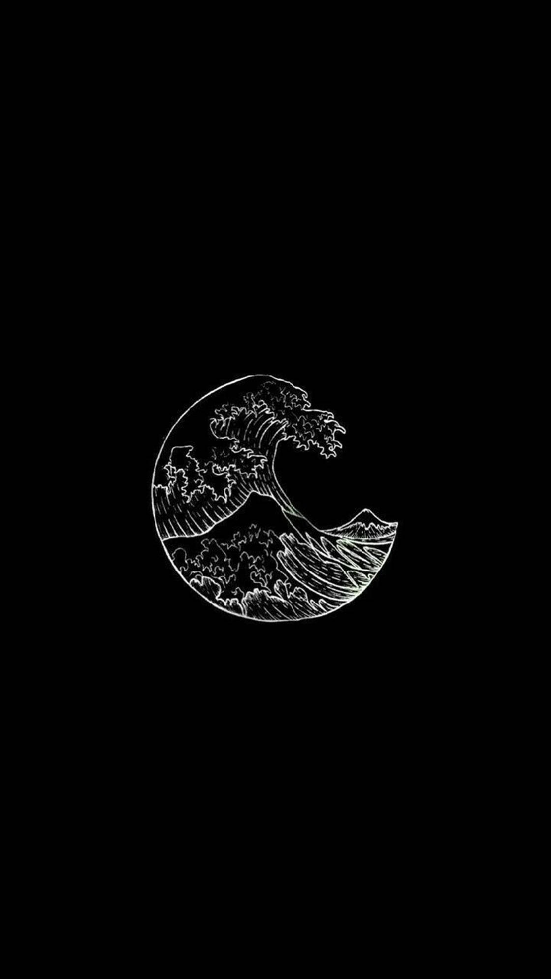 Wave 桌布 壁紙 — 一幅極簡風格的白色線條畫，描繪神奈川沖浪裏，在純黑背景上形成新月形狀。
