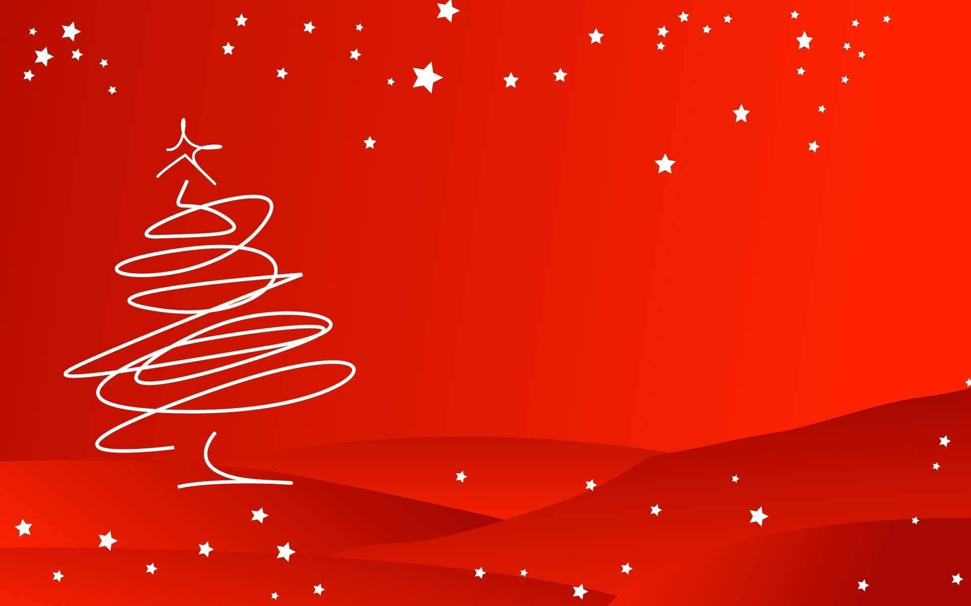 Happy Holidays 桌布 壁紙 — 一幅極簡風格的白色線條聖誕樹圖案，星星散落在鮮豔的紅色漸變背景上。