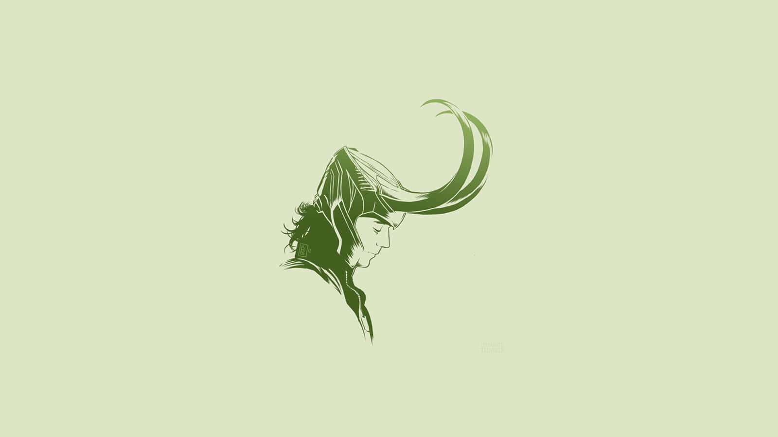 洛基 桌布 壁紙 — 一幅極簡風格的綠色線條藝術插圖，描繪洛基的側面輪廓，戴著他標誌性的角狀頭盔，背景為淡綠色。