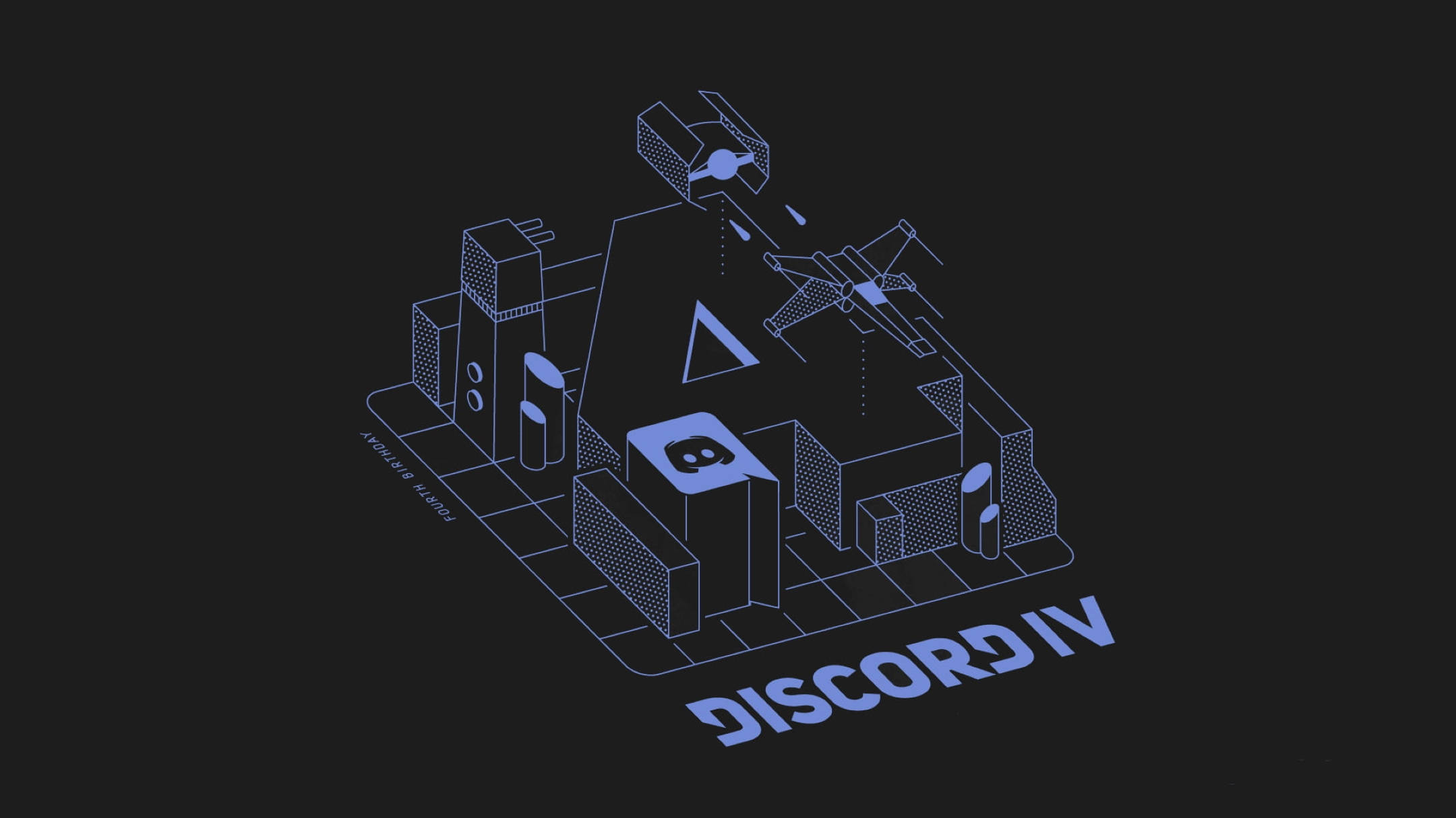 Discord 桌布 壁紙 — 一幅極簡風格的藍色線條藝術插圖，描繪未來主義城市景觀，包含幾何建築物和飛行車輛，背景為深色。