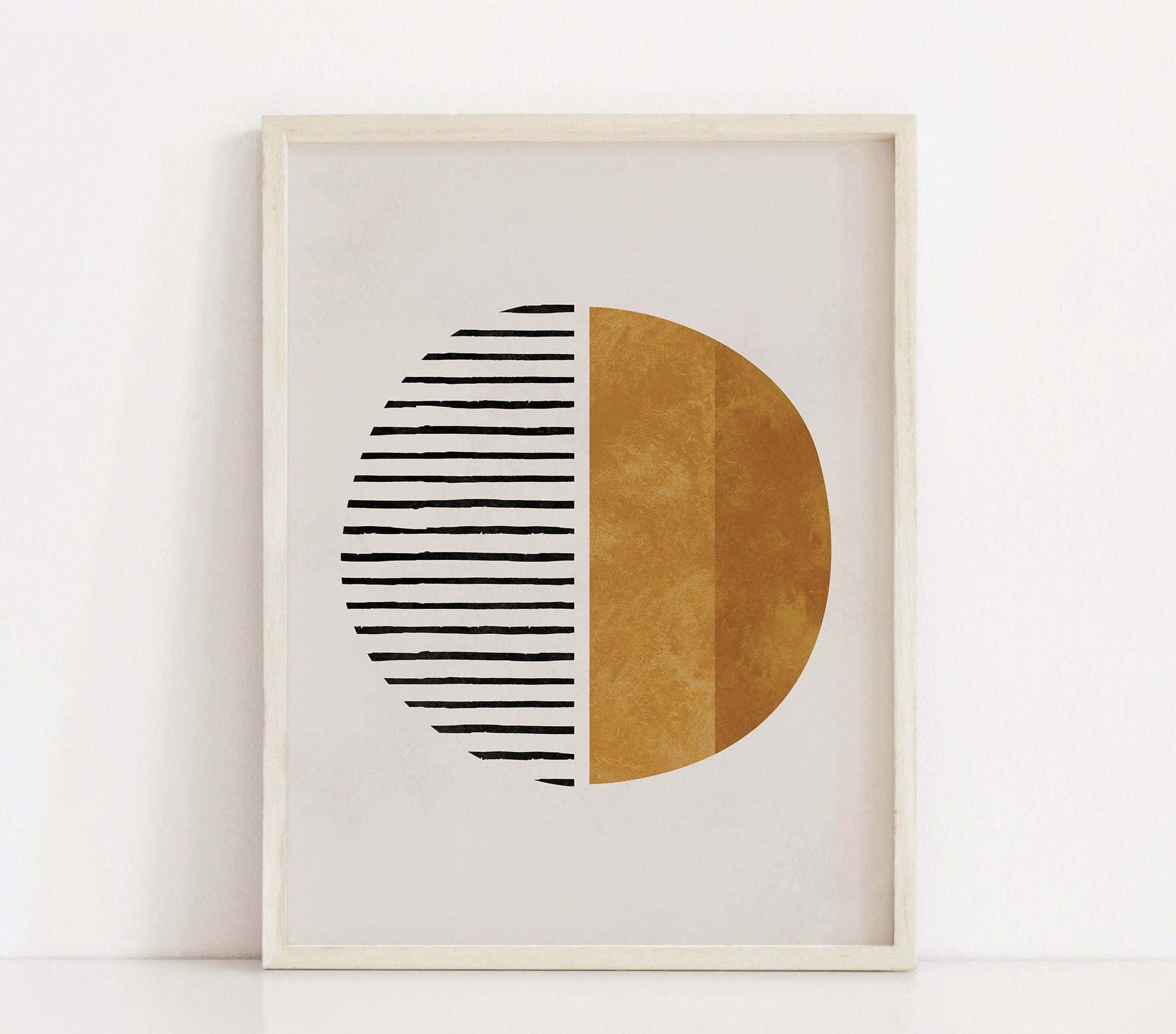 Modern Minimalist Art 桌布 壁紙 — 一幅極簡風格的裱框藝術品，在中性背景上展示了一個分割的圓形，一半是黑色條紋，一半是紋理金色。