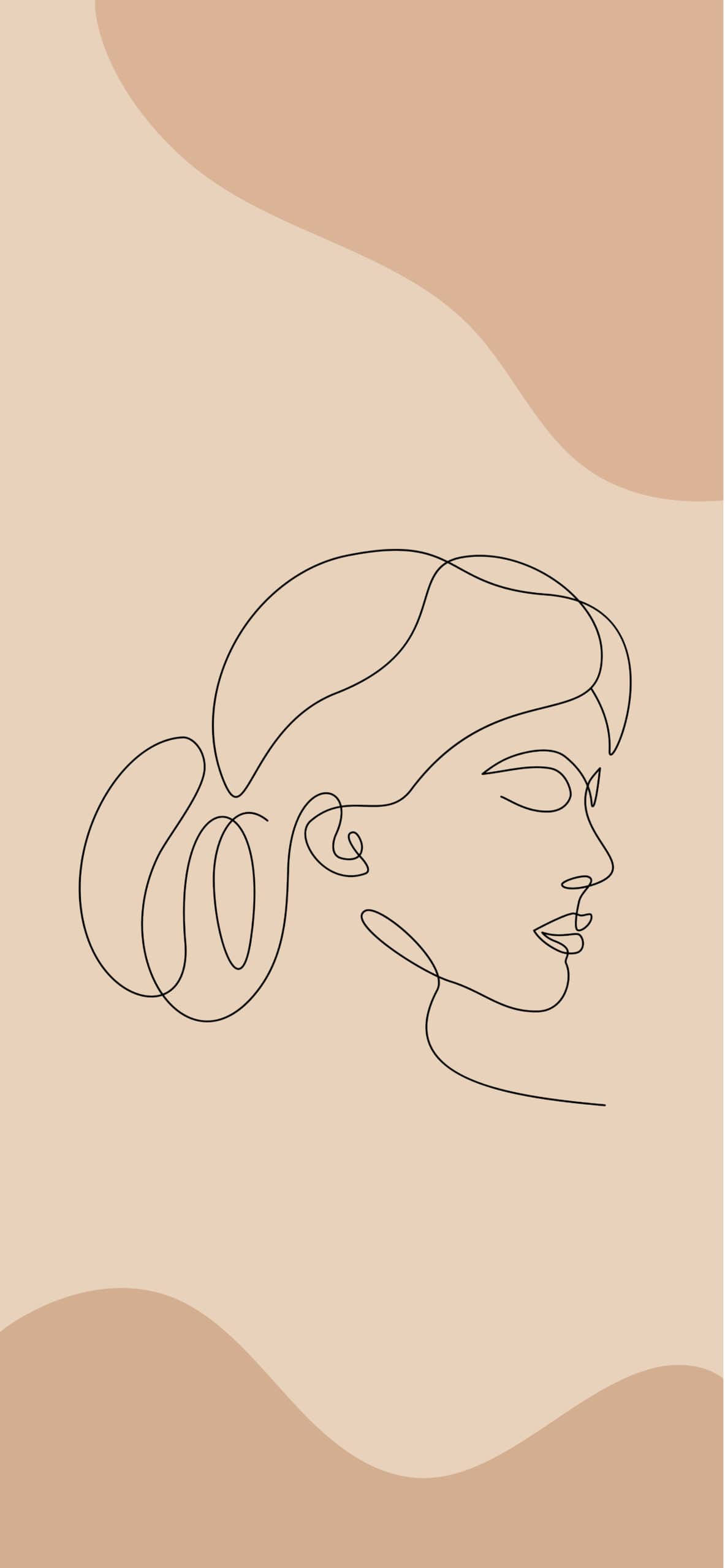 One Line Drawing 桌布 壁紙 — 一幅極簡風格的連續線條畫，描繪女性側面輪廓，背景為柔和米色抽象形狀。