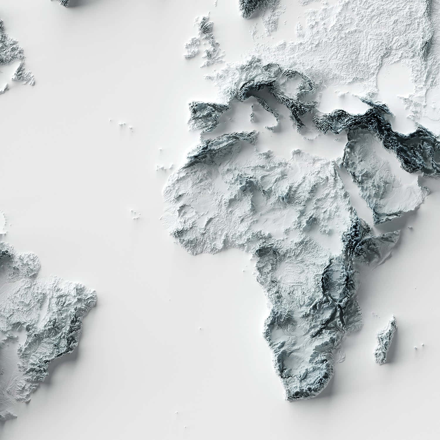 World Map Aesthetic 桌布 壁紙 — 一幅極簡風格的非洲3D渲染地形圖，以紋理灰色地貌呈現於純白背景上。