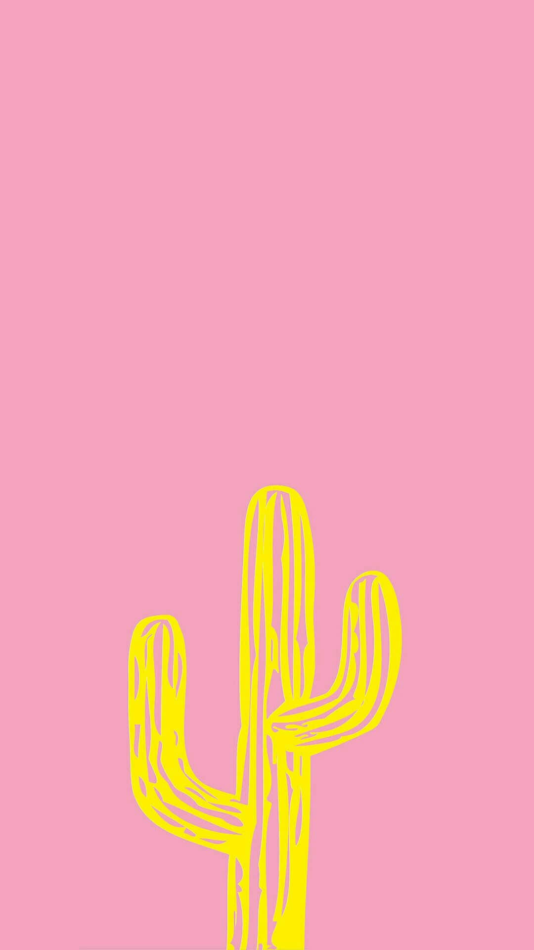 Cute Cactus 桌布 壁紙 — 一幅極簡風格的黃色線條畫，描繪一棵薩瓜羅仙人掌，背景為純粉色。