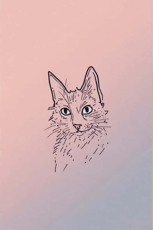 Minimalist Cat Outline on Pastel 壁紙 — 一幅極簡風格的黑色墨水素描，貓臉居中，大眼睛，背景為柔和的粉紅到藍色漸變。