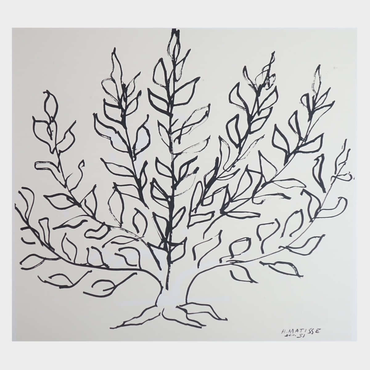 Tree Of Life 桌布 壁紙 — 一幅極簡風格的黑色墨水線條畫，描繪一棵風格化的樹木，帶有流動的樹枝和葉子，背景為淺灰色。
