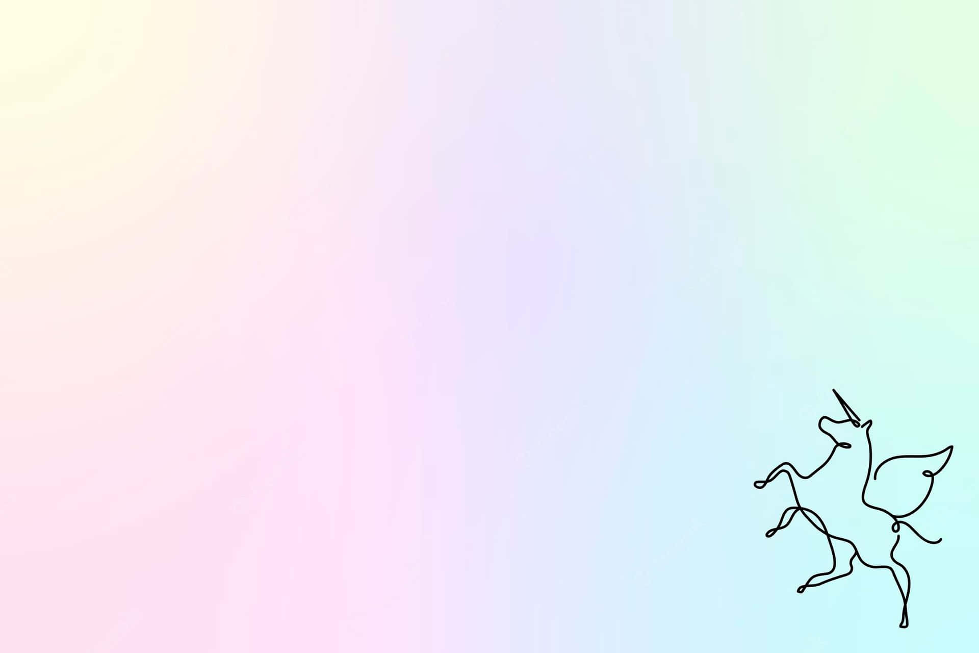 獨角獸 桌布 壁紙 — 一幅極簡風格的黑色線條畫，描繪一隻正在移動的獨角獸，背景是柔和的粉彩漸變色。