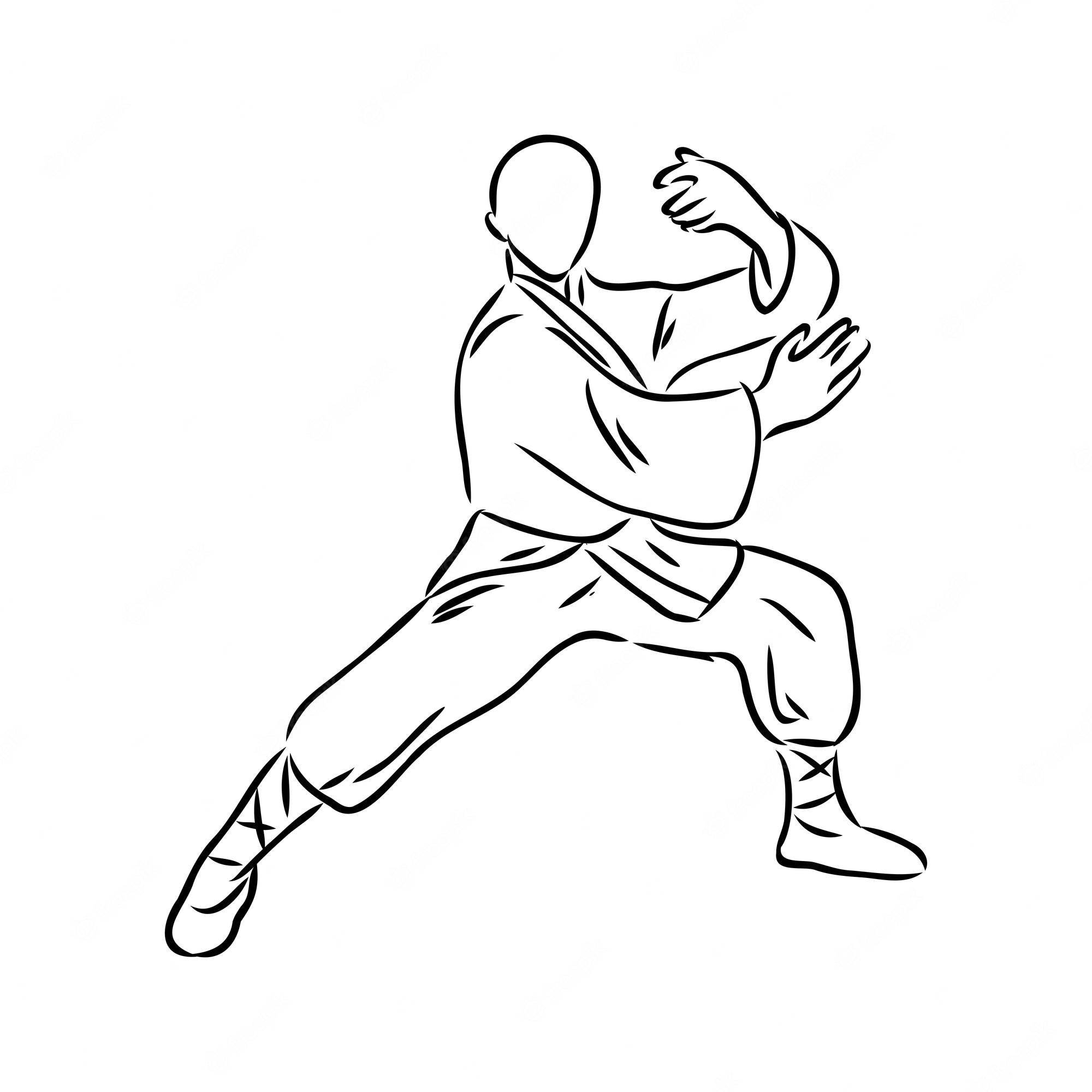 martial arts 桌布 壁紙 — 一幅極簡風格的黑色線條畫，描繪一位武術家以動態戰鬥姿勢站在純白背景前。