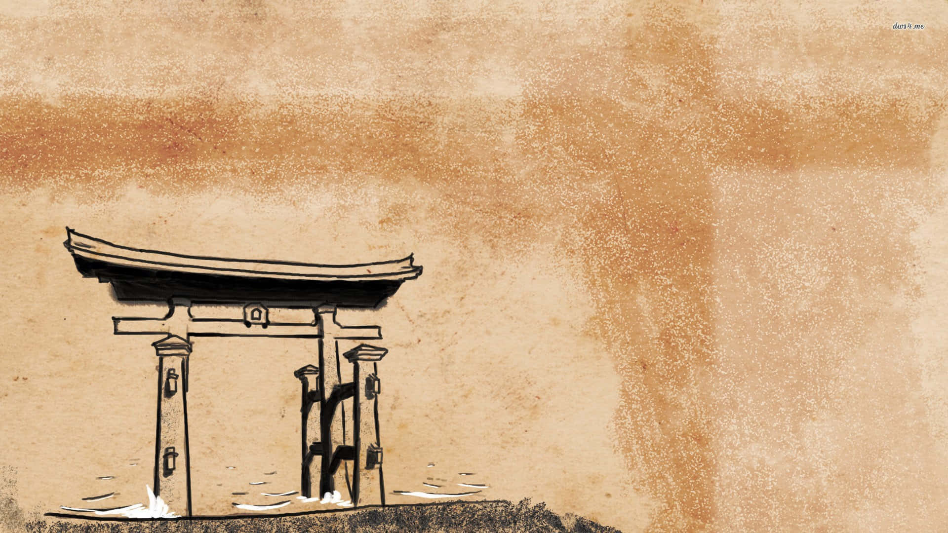 桌布 壁紙 — 一幅極簡風格的黑色線條畫，描繪傳統日本鳥居，獨立矗立在帶紋理的懷舊棕色背景上。