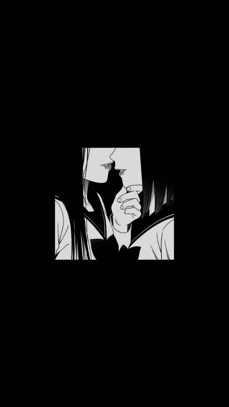 暗黑動漫風格GIF 桌布 壁紙 — 一幅極簡黑白動漫風格插圖，描繪一個人在 stark 黑色背景前將手機貼在臉上。