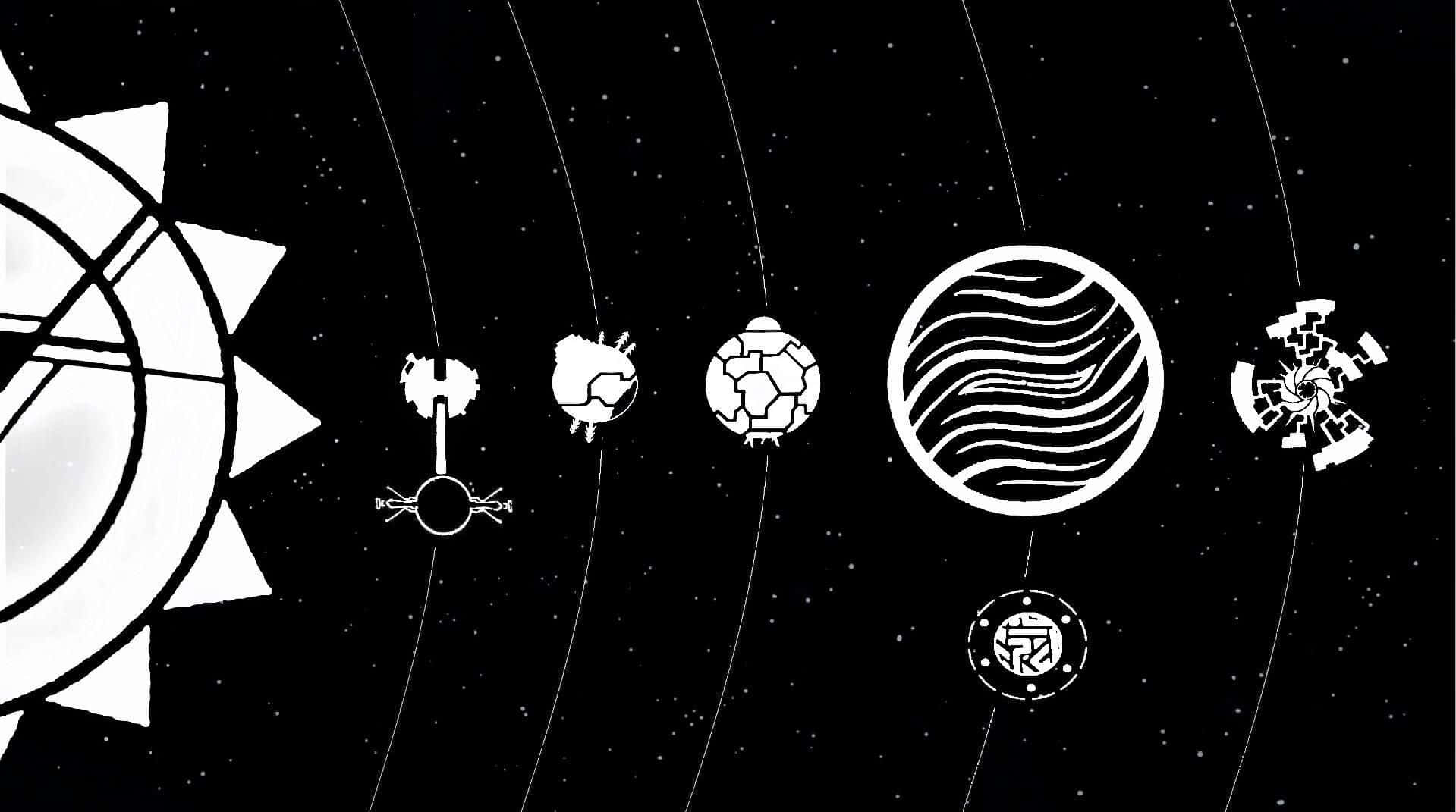 風格化的太陽系，行星和軌道以黑白呈現。 — 太陽系 GIF 壁紙