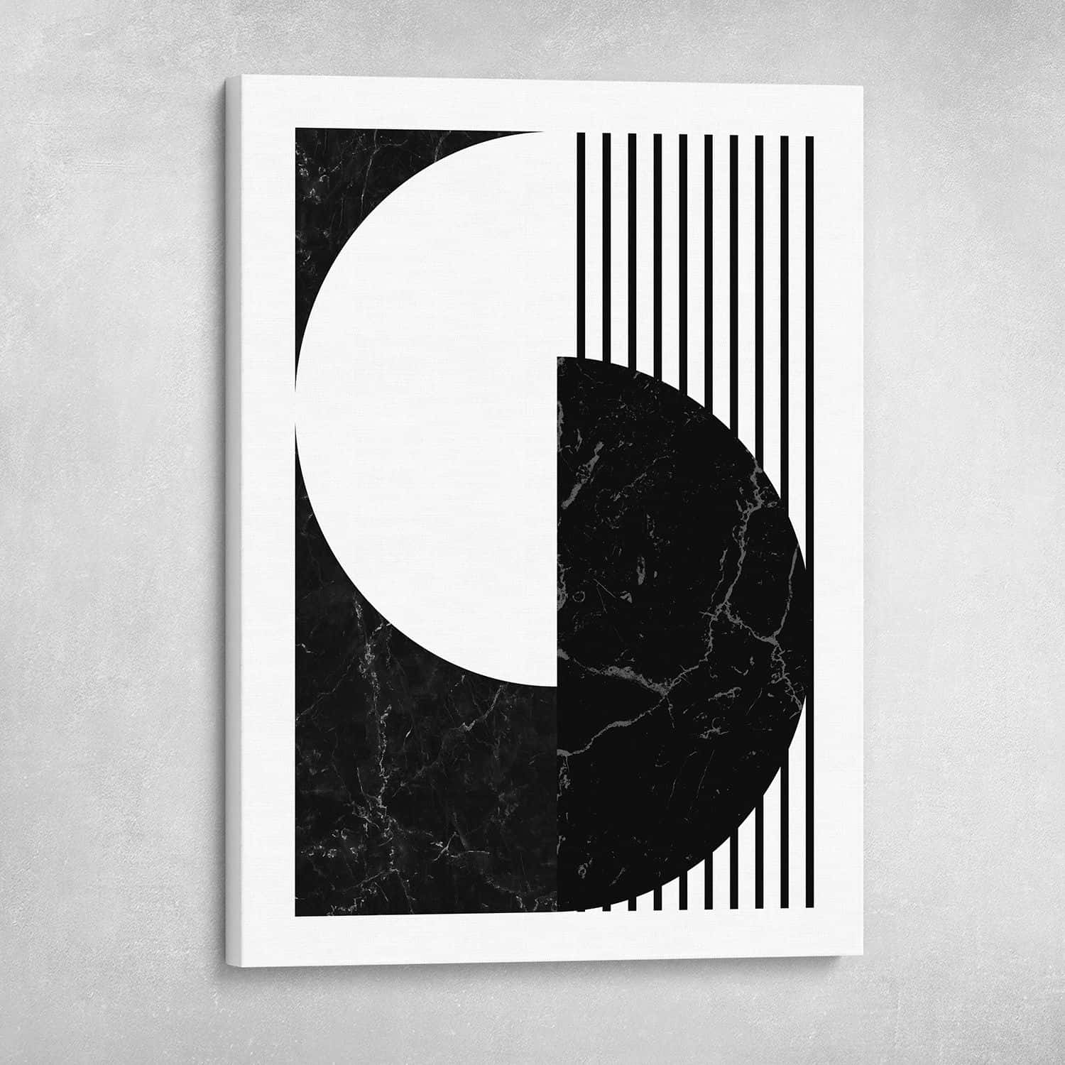 Modern Minimalist Art 桌布 壁紙 — 一幅極簡黑白抽象畫布藝術作品，特色為一個被垂直線分割的大理石紋理圓形，安裝在混凝土牆上。