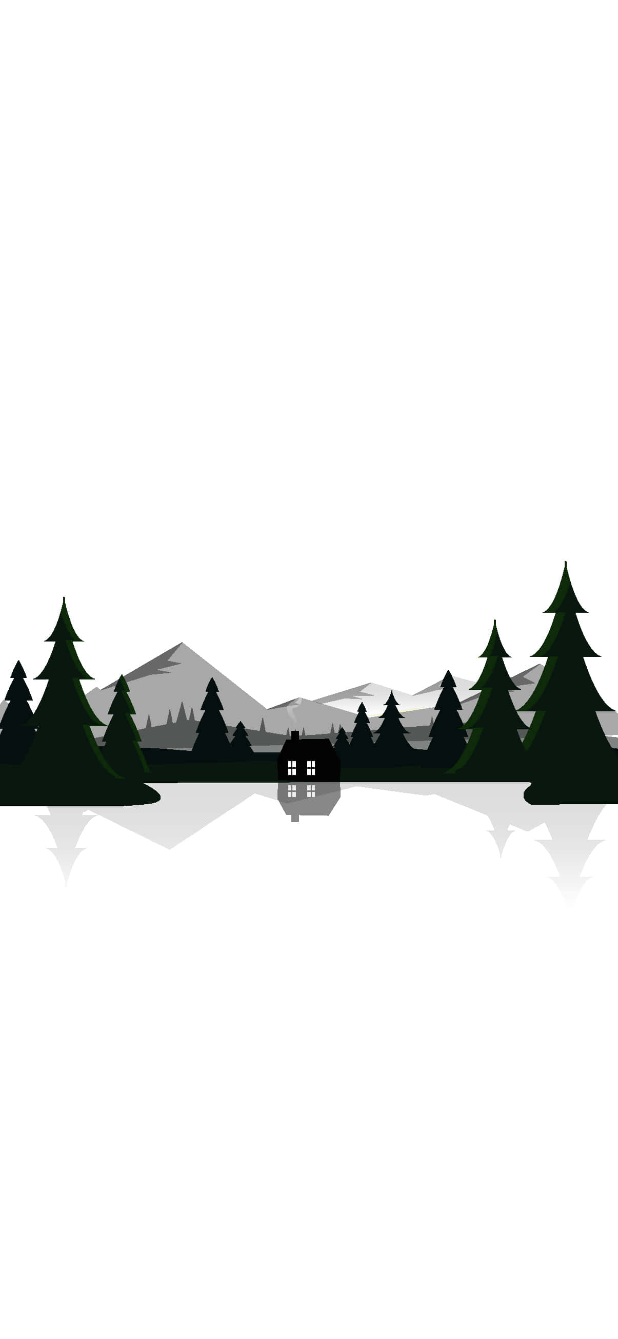 Minimalist Black And White 桌布 壁紙 — 一幅極簡黑白插圖，描繪了一間小屋坐落在松樹間，背景是積雪的山峰。