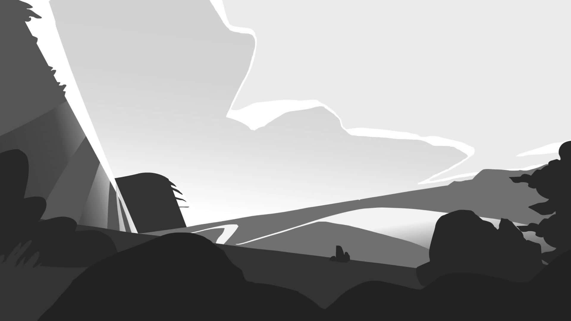 Bfdi 桌布 壁紙 — 一幅極簡黑白插圖，描繪山巒景觀，帶有鮮明陰影和柔和漸變。