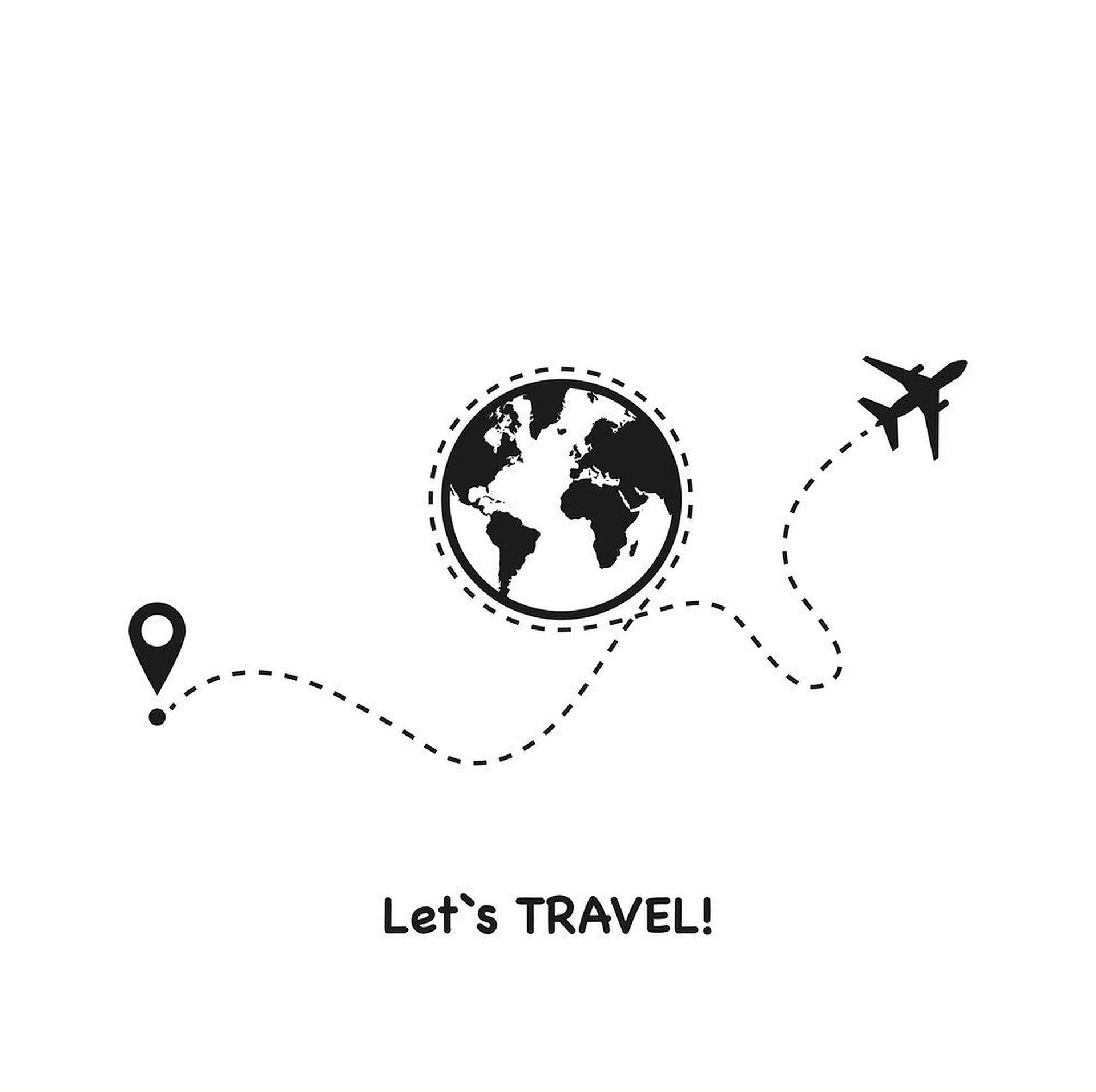 旅行圖標，飛機從圖釘飛到地球儀的路徑，附有文字 Let's TRAVEL