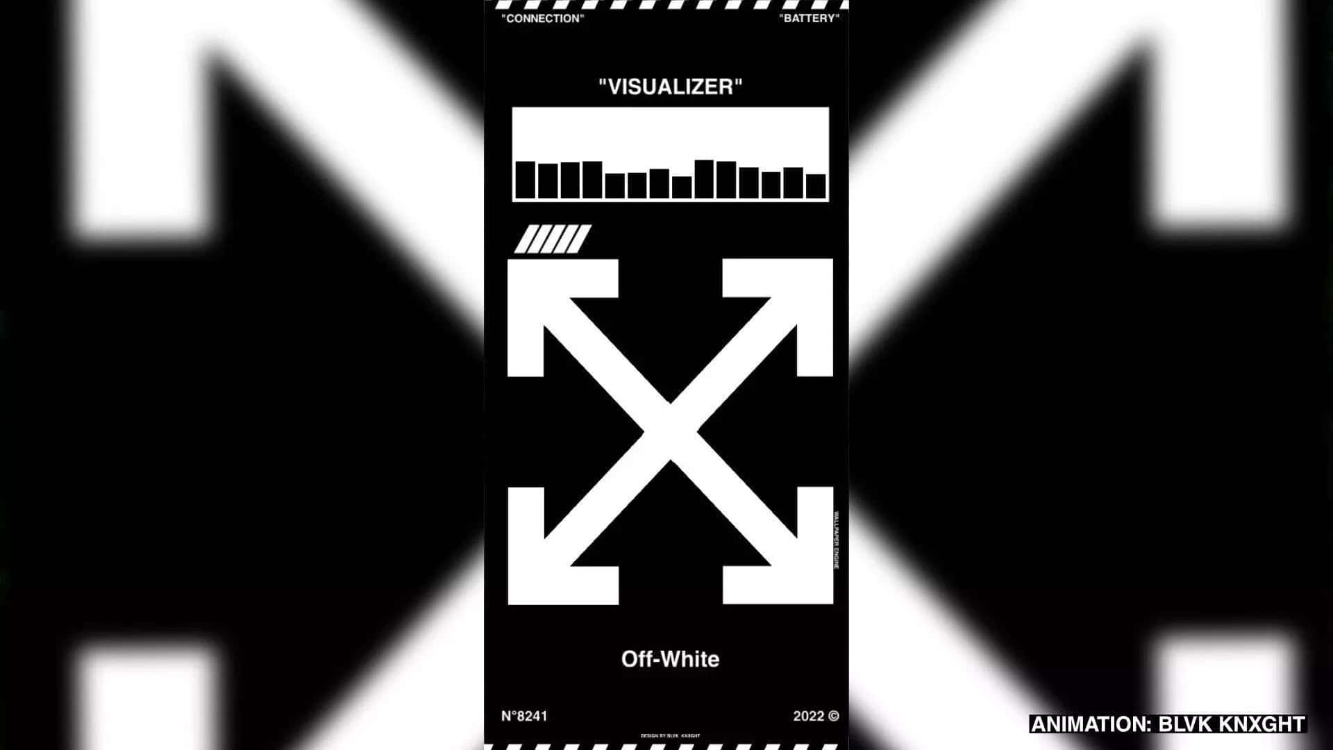 Off White Desktop 桌布 壁紙 — 一幅極簡黑白數位藝術作品，中央為 Off-White 標誌，帶有箭頭和可視化條，背景模糊。