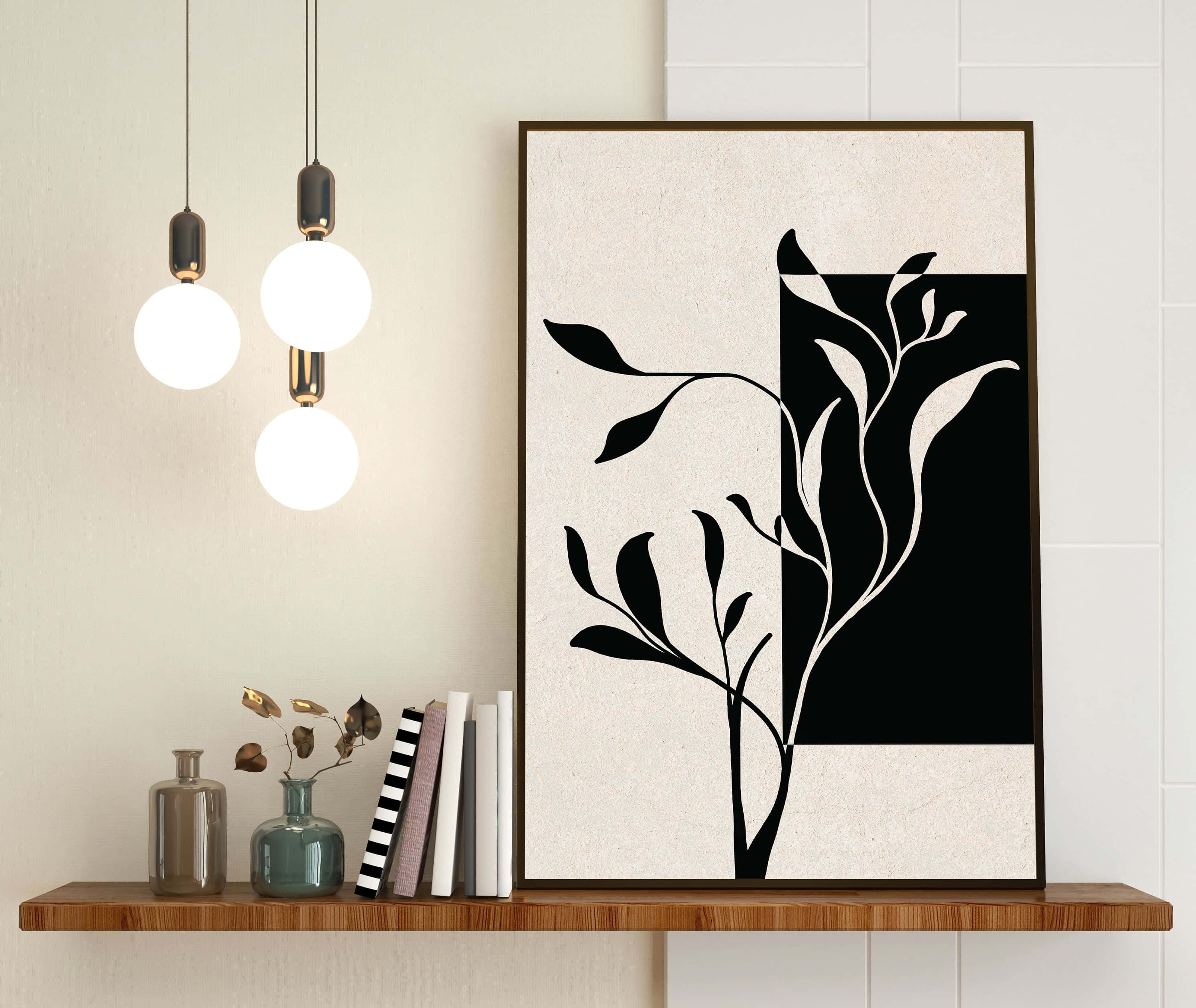 Modern Minimalist Art 桌布 壁紙 — 一幅極簡黑白植物藝術印刷品掛在牆上，下方是一個木製書架，上面有書本和吊燈。