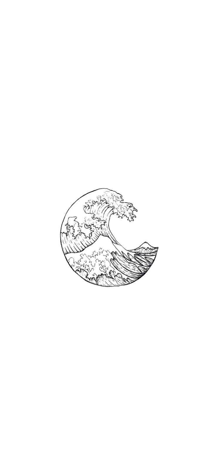 極簡美學 桌布 壁紙 — 一幅極簡黑白線條畫，描繪一個風格化的波浪在純白背景上向上彎曲。