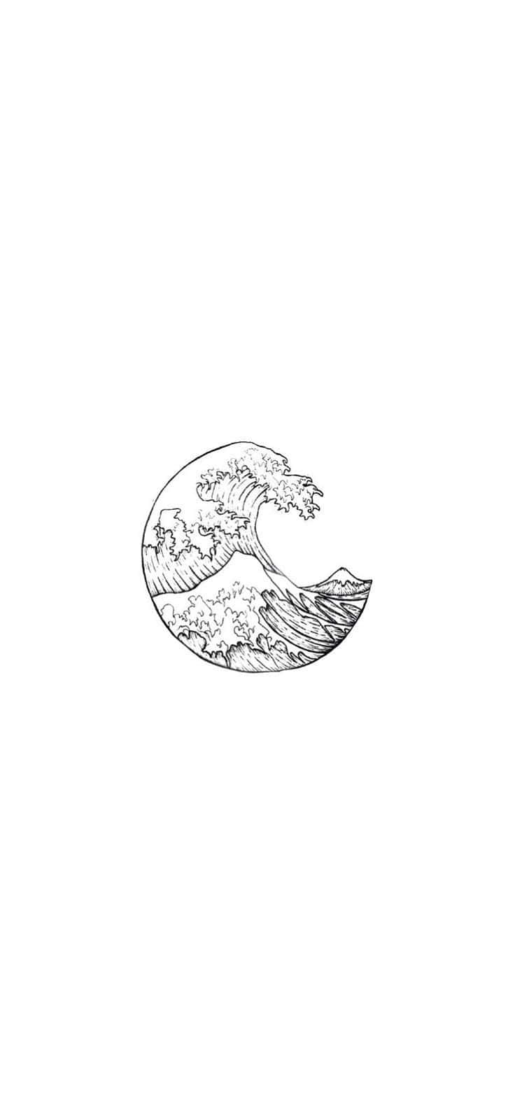 富士山 桌布 壁紙 — 一幅極簡黑白線條畫，描繪一條風格化的波浪在純白背景上向上彎曲。