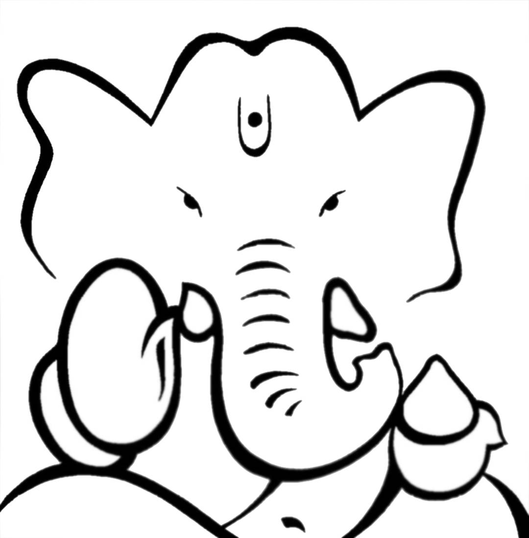 Ganesh 桌布 壁紙 — 一幅極簡黑白線條畫，描繪微笑的象頭神，有大耳朵和揚起的象鼻。