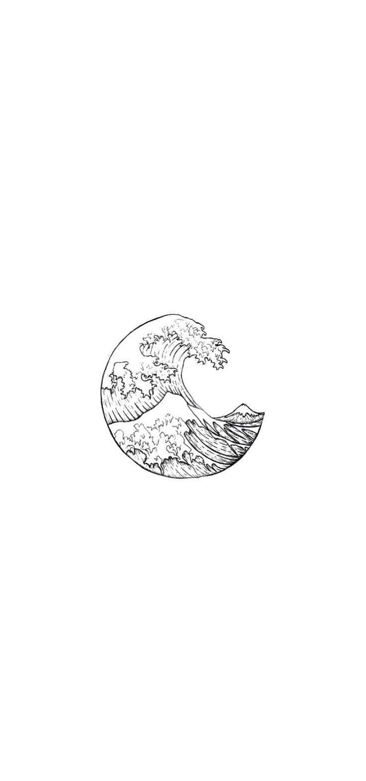 White Phone 桌布 壁紙 — 一幅極簡黑白線條畫，描繪風格化的海浪捲曲成新月形狀。