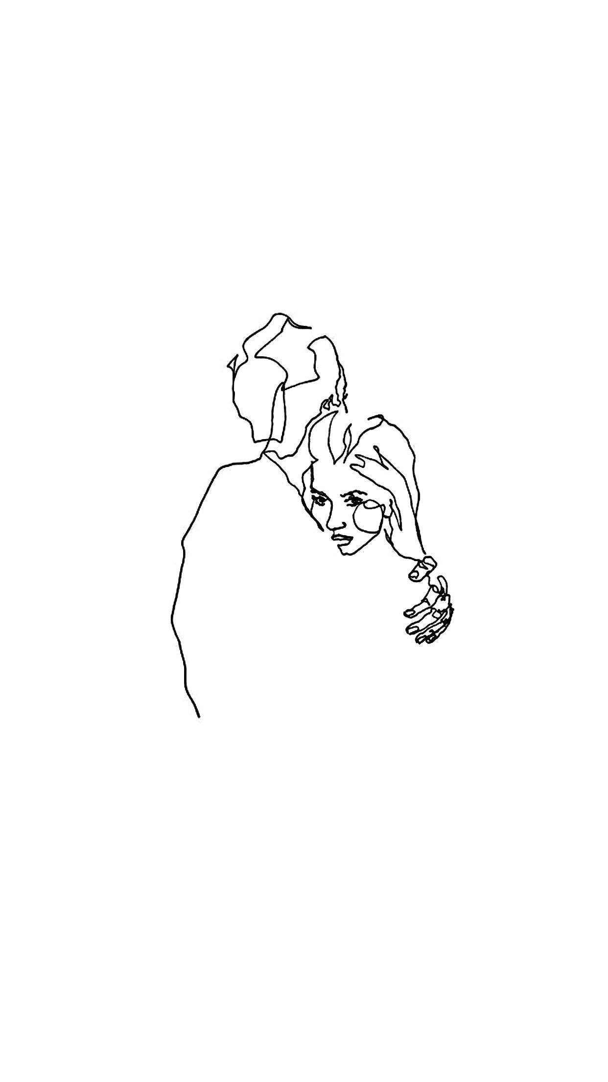 Outline 桌布 壁紙 — 一幅極簡黑色線條畫，描繪一個人雙手靠近臉部，背景為純白色。