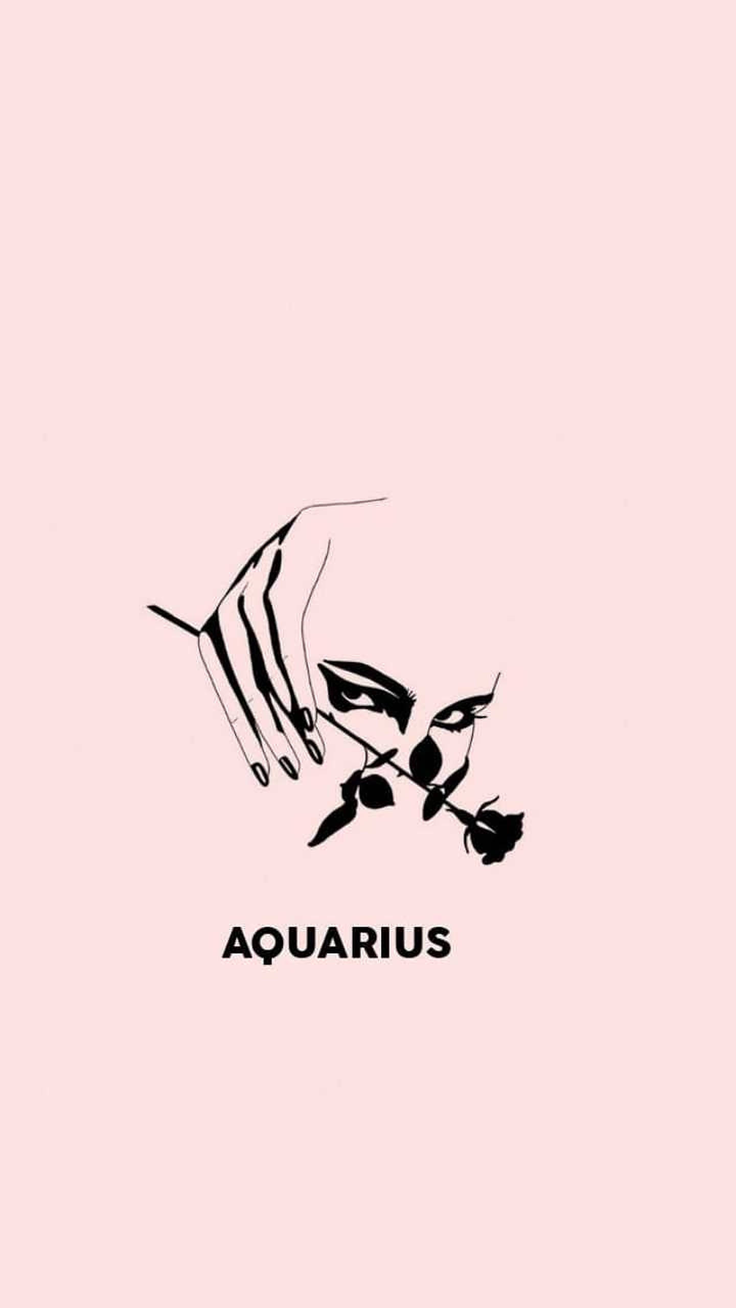 aquarius 桌布 壁紙 — 一幅極簡黑色線條畫，描繪一隻手在風格化的眼睛附近拿著一朵玫瑰，背景為柔和粉紅色，下方有Aquarius字樣。